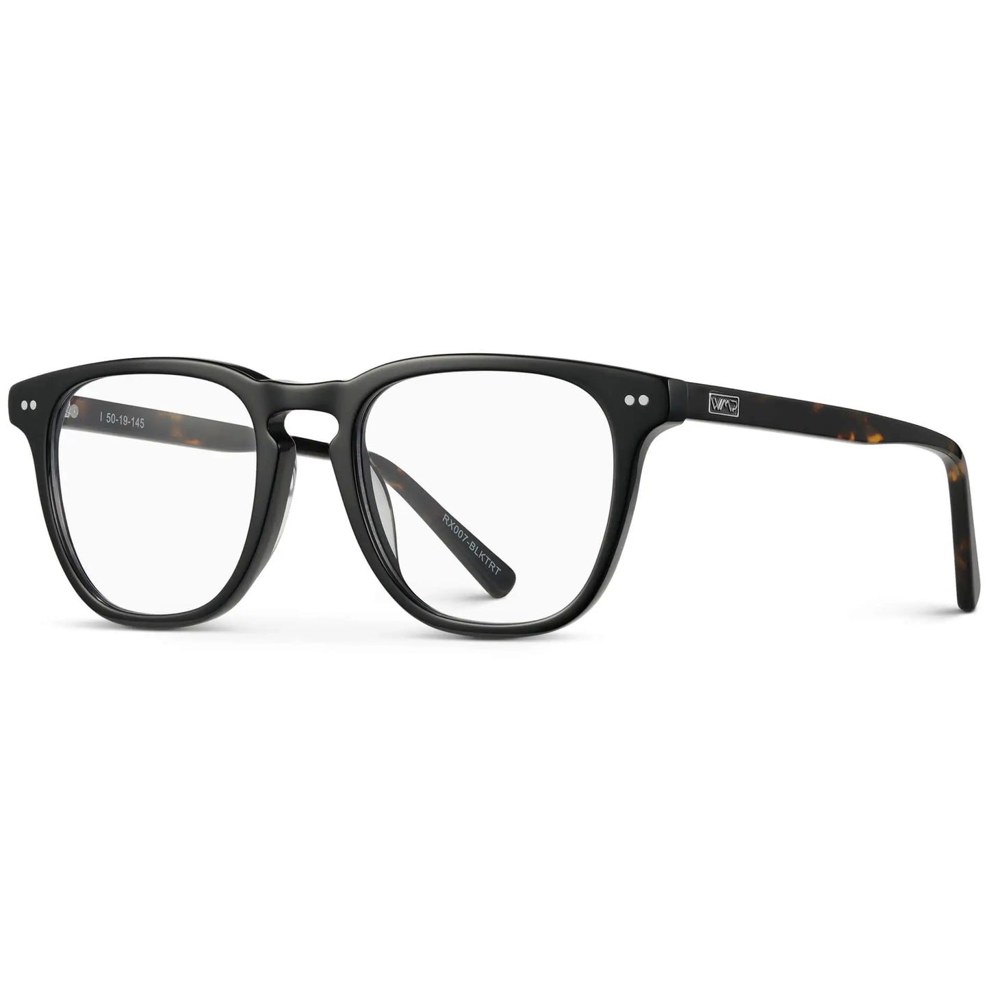 Black Tortoise || Side view of Men's square black acetate frame with clear blue light blocking lens on a white background 