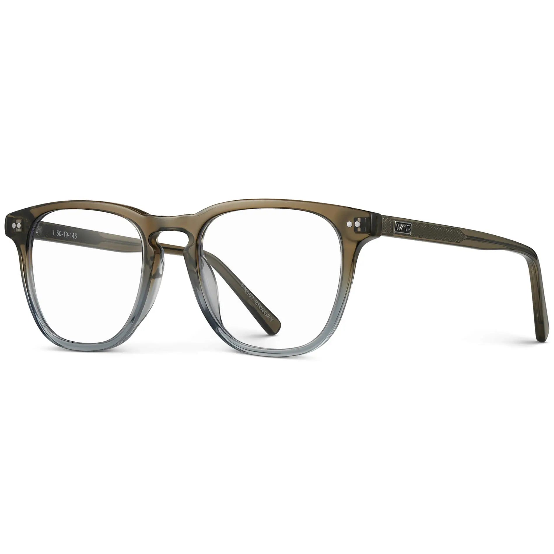 Arctic Forest Green || Side view of Men's square arctic forest green acetate frame with clear blue light blocking lens on a white background 