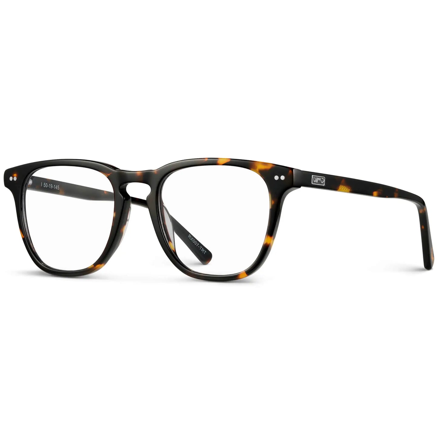 Brown Tortoise || Side view of Men's square brown tortoise acetate frame with clear blue light blocking lens on a white background 
