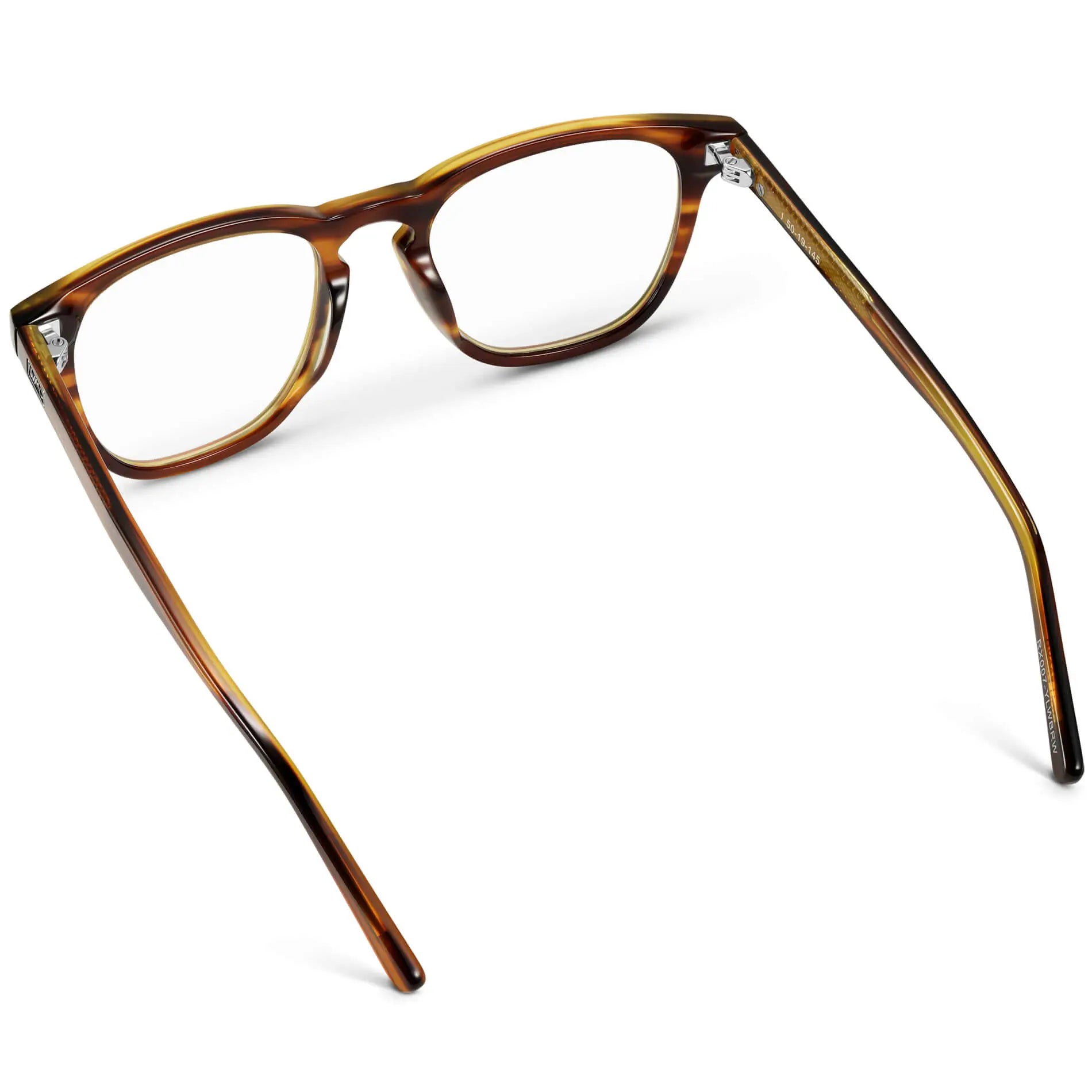Golden Brown Grain || Back view of Men's square golden brown grain acetate frame with clear blue light blocking lens on a white background 