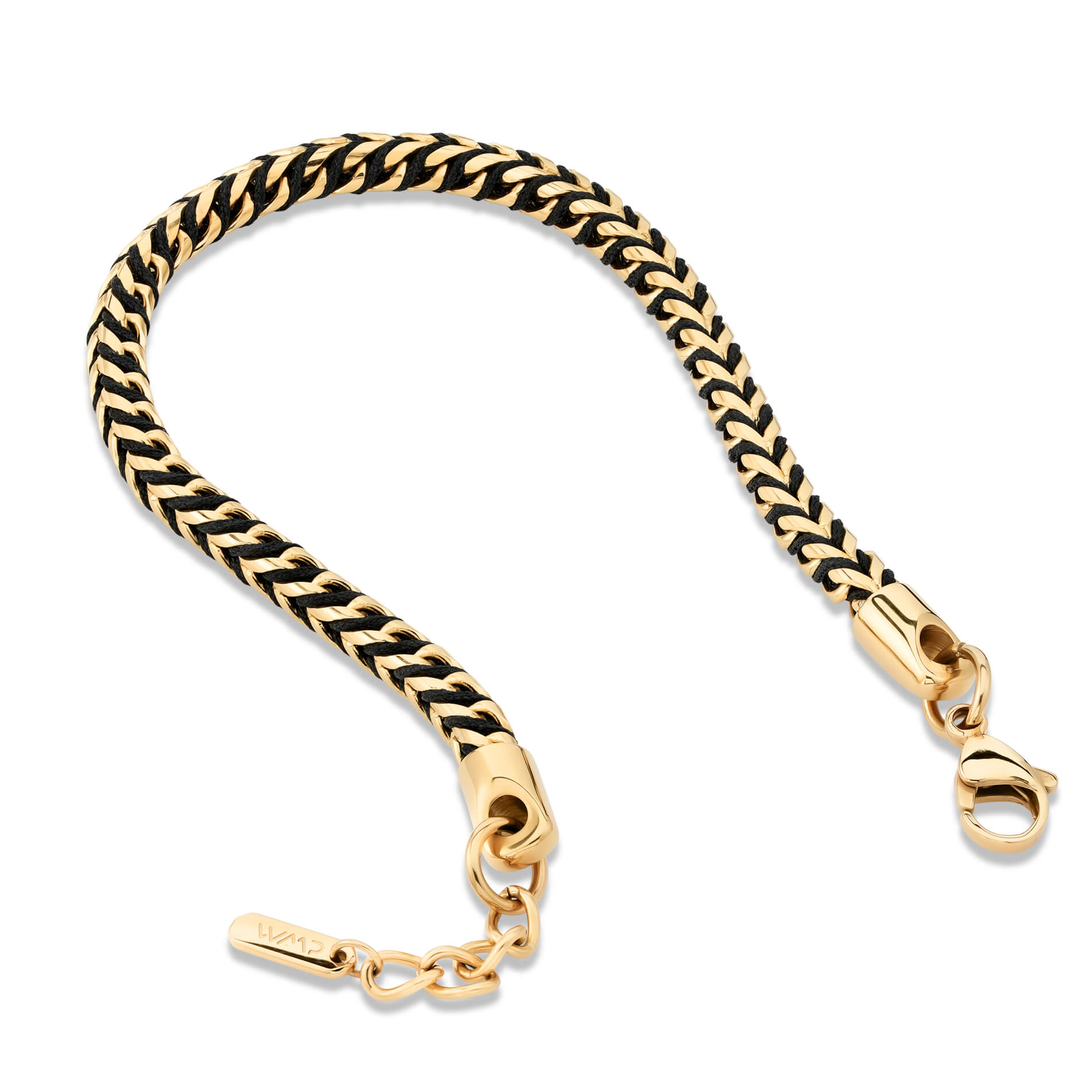 Gold / Black Rope || Men's 4mm Thick V-Braid Bracelet with 14k Gold Plated Stainless Steel and Black Polyester Rope and Lobster Claw Clasp