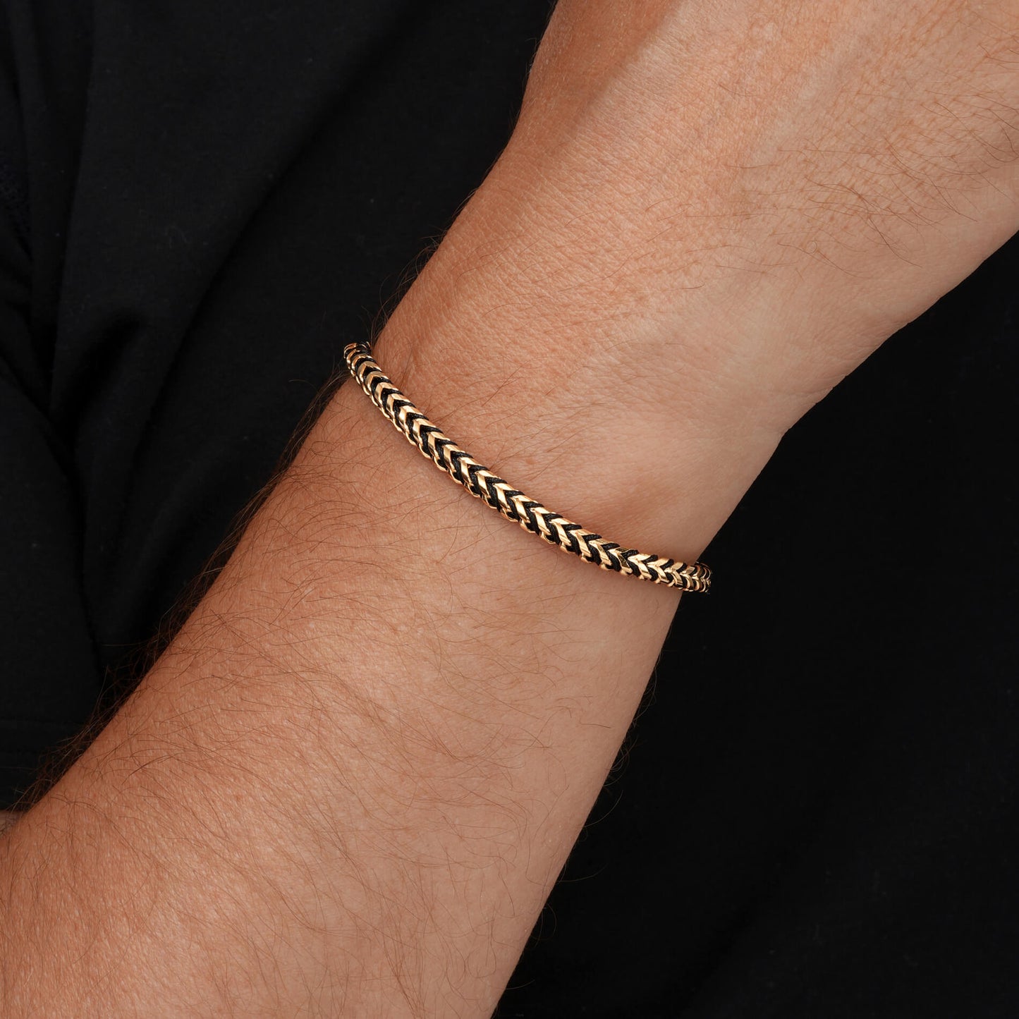 Gold / Black Rope || Men's 4mm Thick V-Braid Bracelet with 14k Gold Plated Stainless Steel and Black Polyester Rope and Lobster Claw Clasp