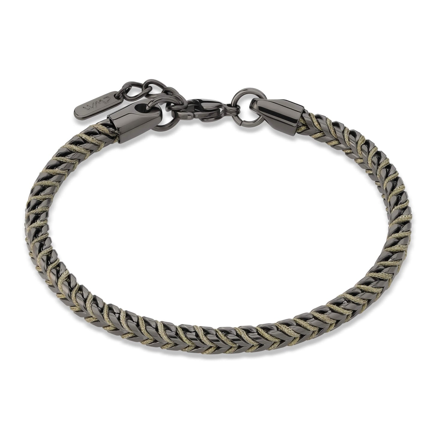 Gunmetal / Olive Green || Men's 4mm Thick V-Braid Bracelet with Gunmetal Stainless Steel and Olive Green Polyester Rope and Lobster Claw Clasp