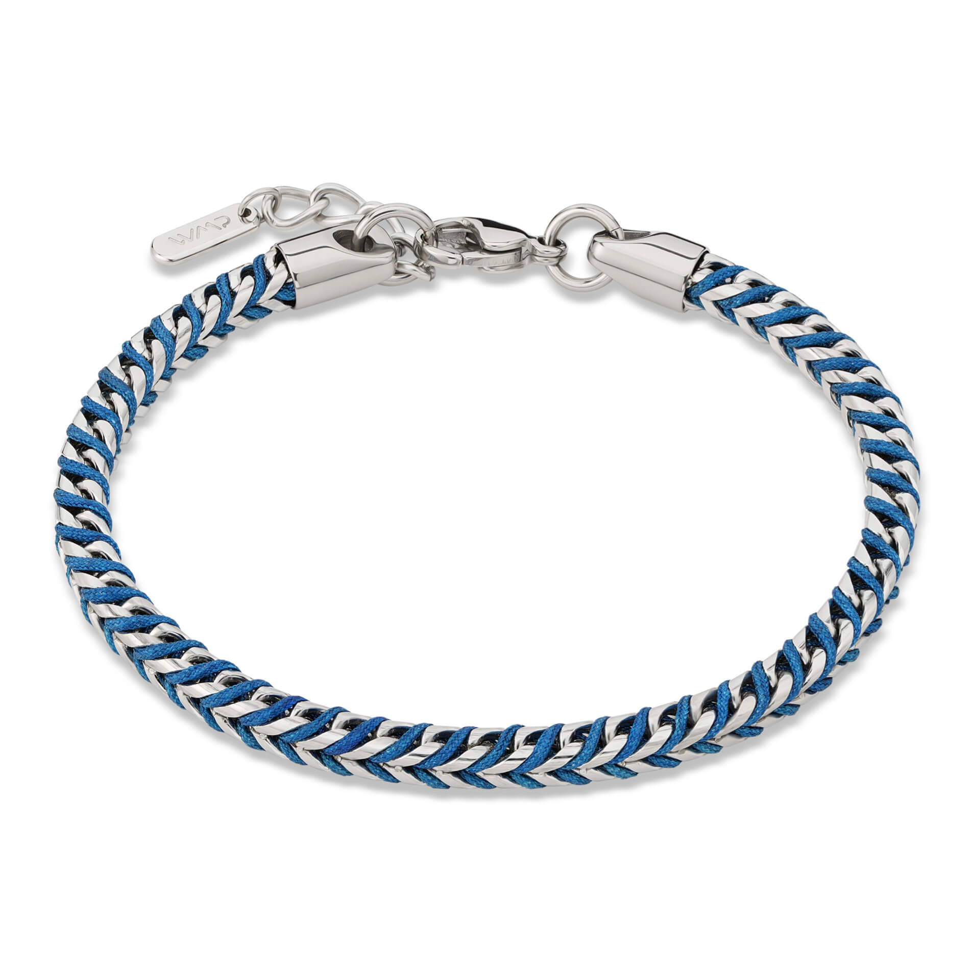 Silver / Denim Blue || Men's 4mm Thick V-Braid Bracelet with Silver Stainless Steel and Stone Blue Polyester Rope and Lobster Claw Clasp