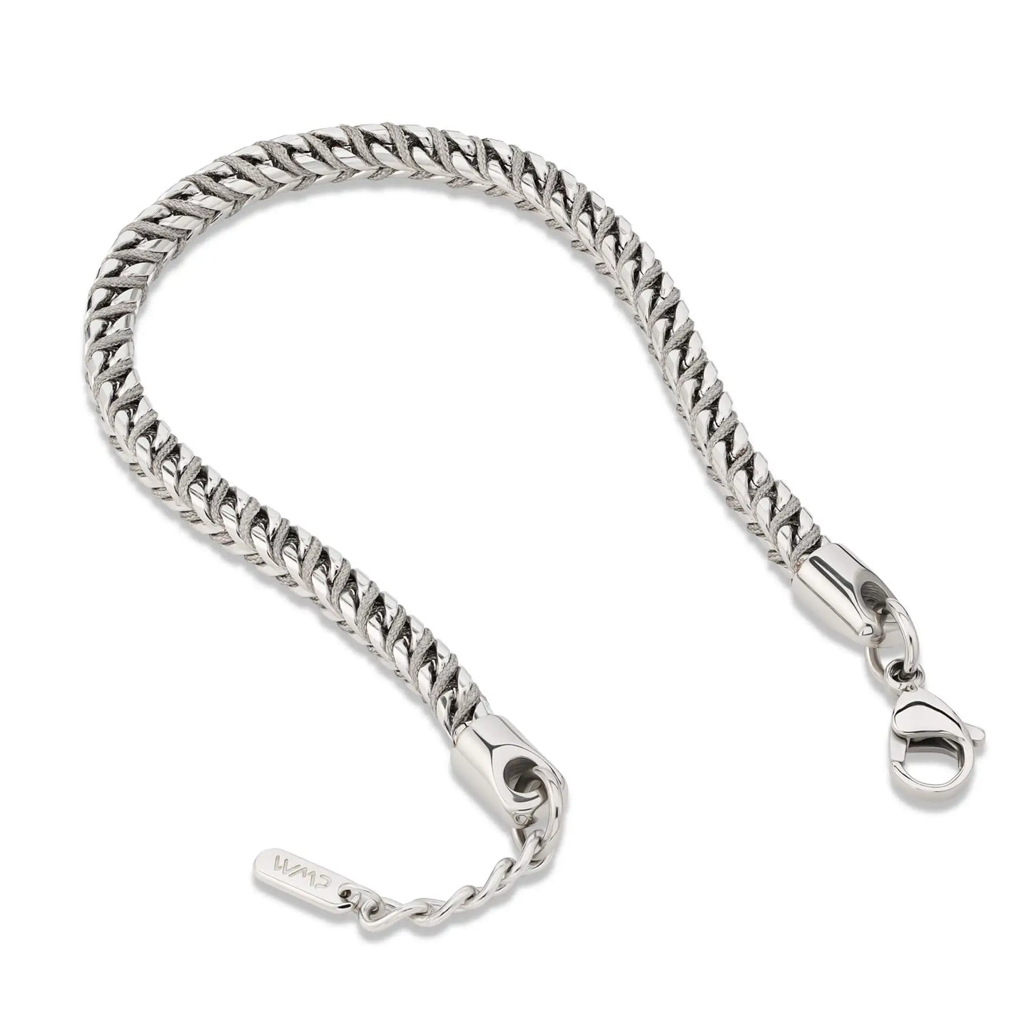 Silver / Stone Grey || Men's 4mm Thick V-Braid Bracelet with Silver Stainless Steel and Stone Grey Polyester Rope and Lobster Claw Clasp