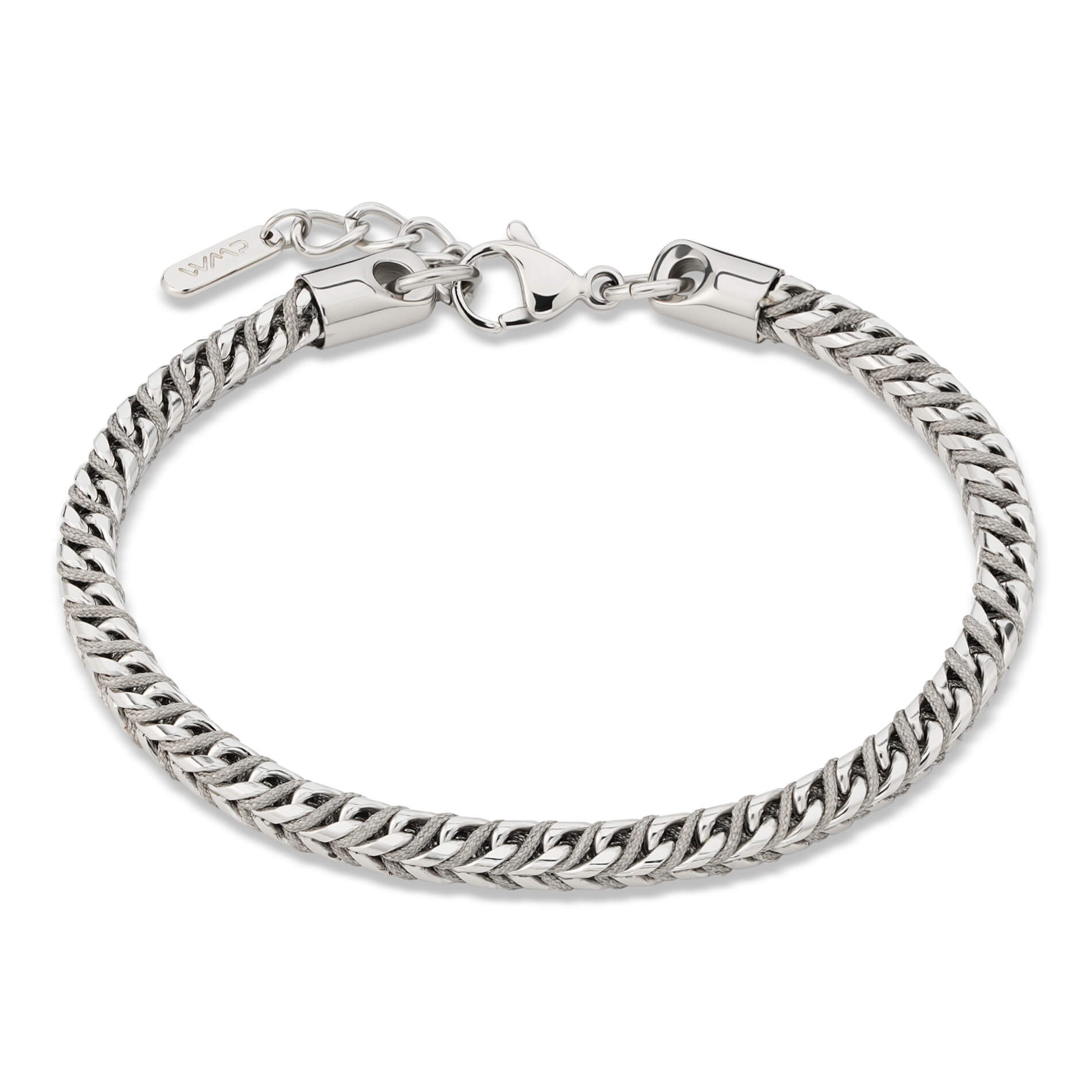 Silver / Stone Grey || Men's 4mm Thick V-Braid Bracelet with Silver Stainless Steel and Stone Grey Polyester Rope and Lobster Claw Clasp