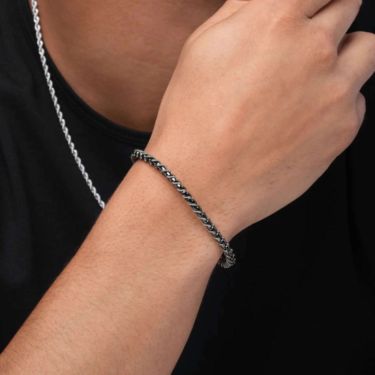 Gun Metal / Olive Green Rope || Minimal Gunmetal Chain Bracelet with Green Woven Rope.