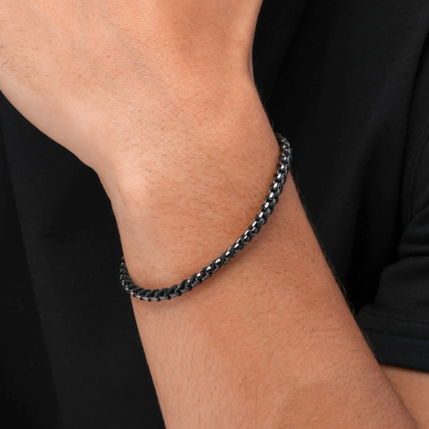 Gun Metal / Black Rope || Minimal Gunmetal Chain Bracelet with Black Woven Rope.