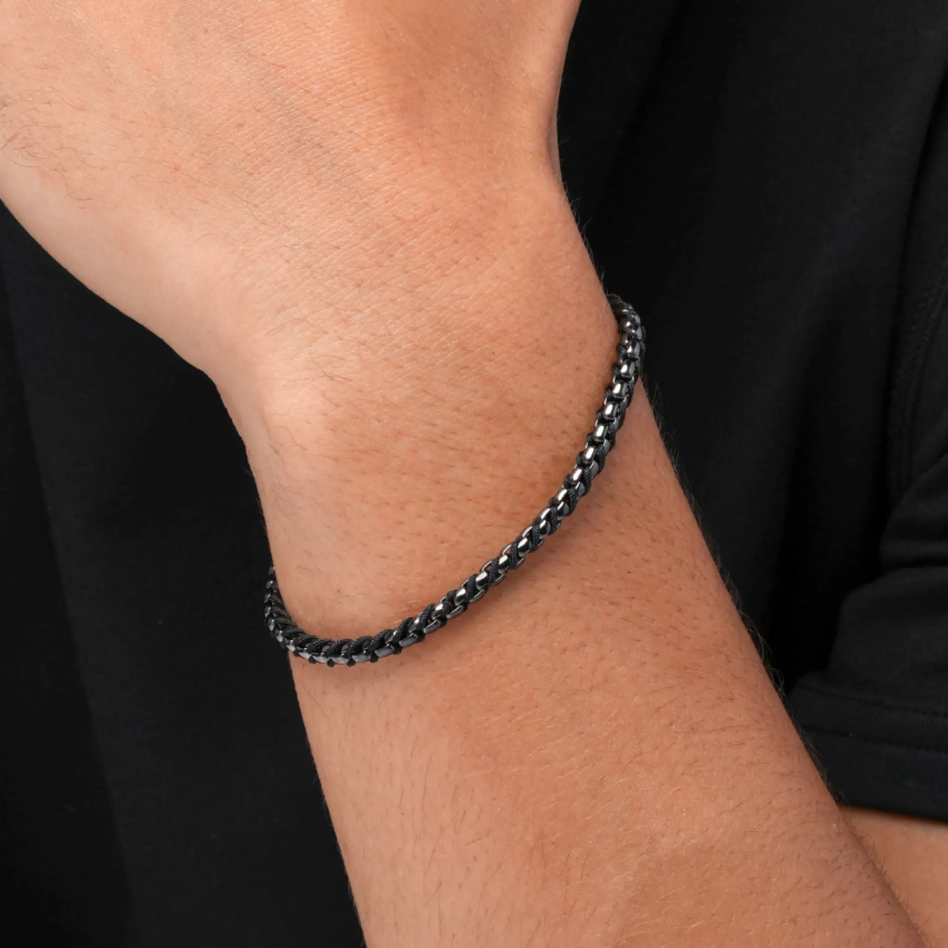 Gun Metal / Black Rope || Minimal Gunmetal Chain Bracelet with Black Woven Rope.