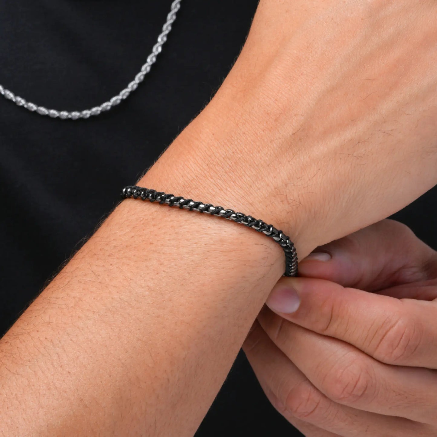 Gun Metal / Black Rope || Minimal Gunmetal Chain Bracelet with Black Woven Rope.