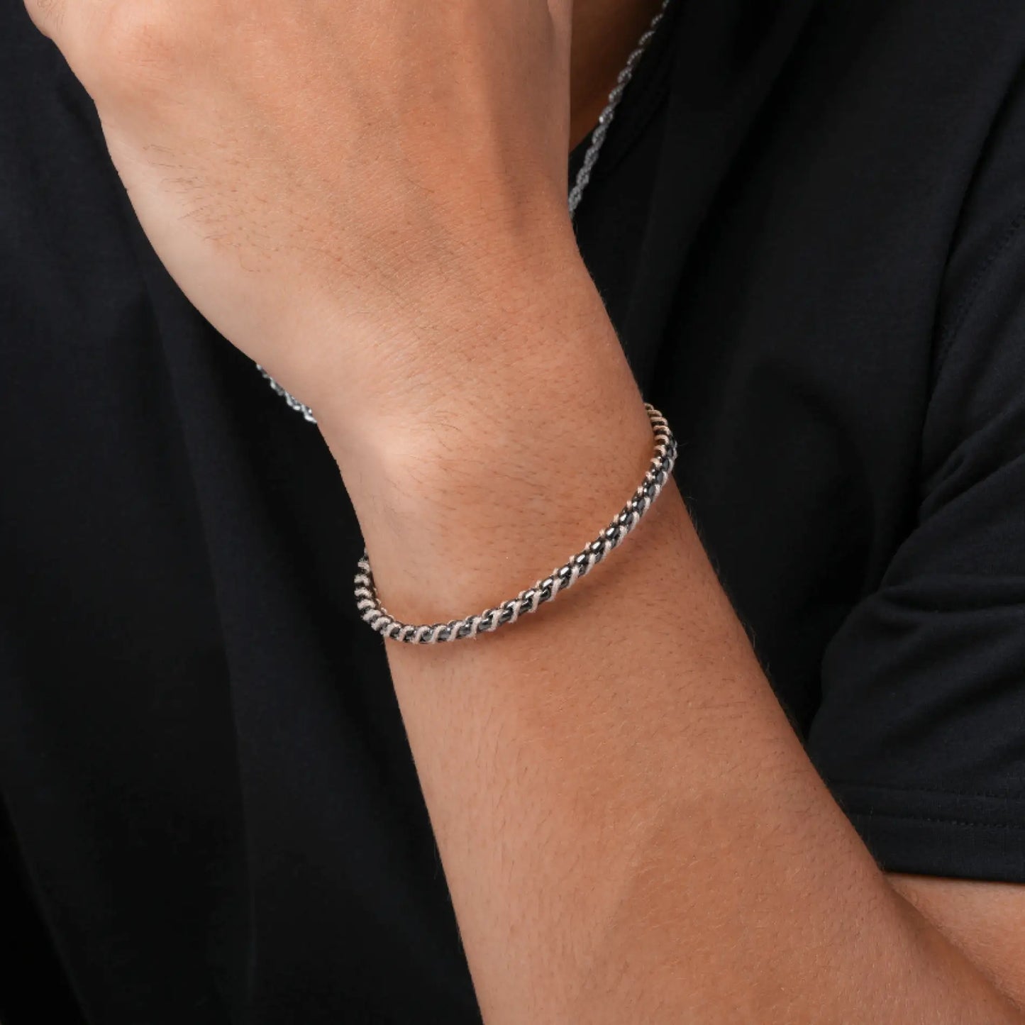 Gun Metal / Sand Rope || Minimal Gunmetal Chain Bracelet with Brown Woven Rope.