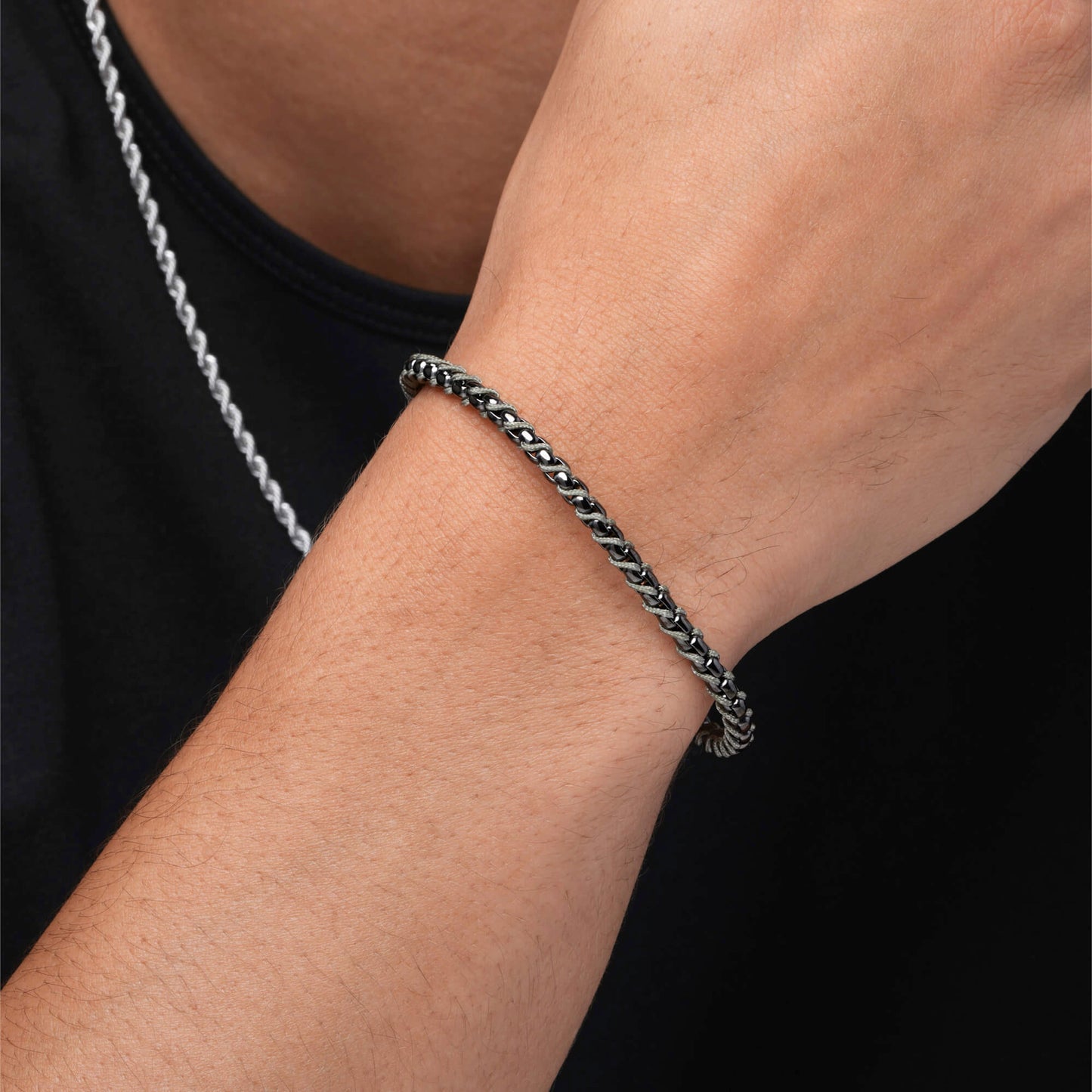 Gunmetal / Olive Green || Men's Cuff and Twisted Chain Bracelet Combination Set in Gunmetal and Olive Green