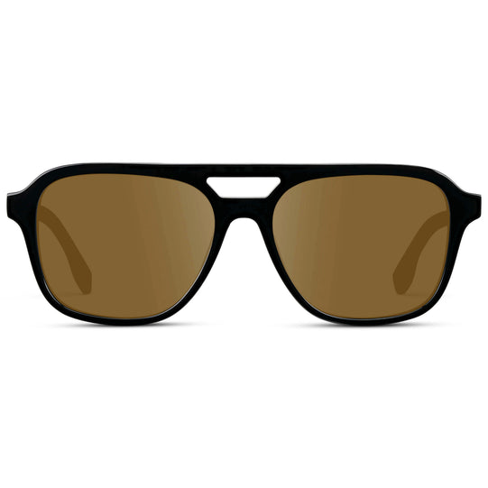 Black / Amber || Men's Double Bridge Aviator Prescription Sunglasses with Black Acetate Frame and Amber Prescription Lens
