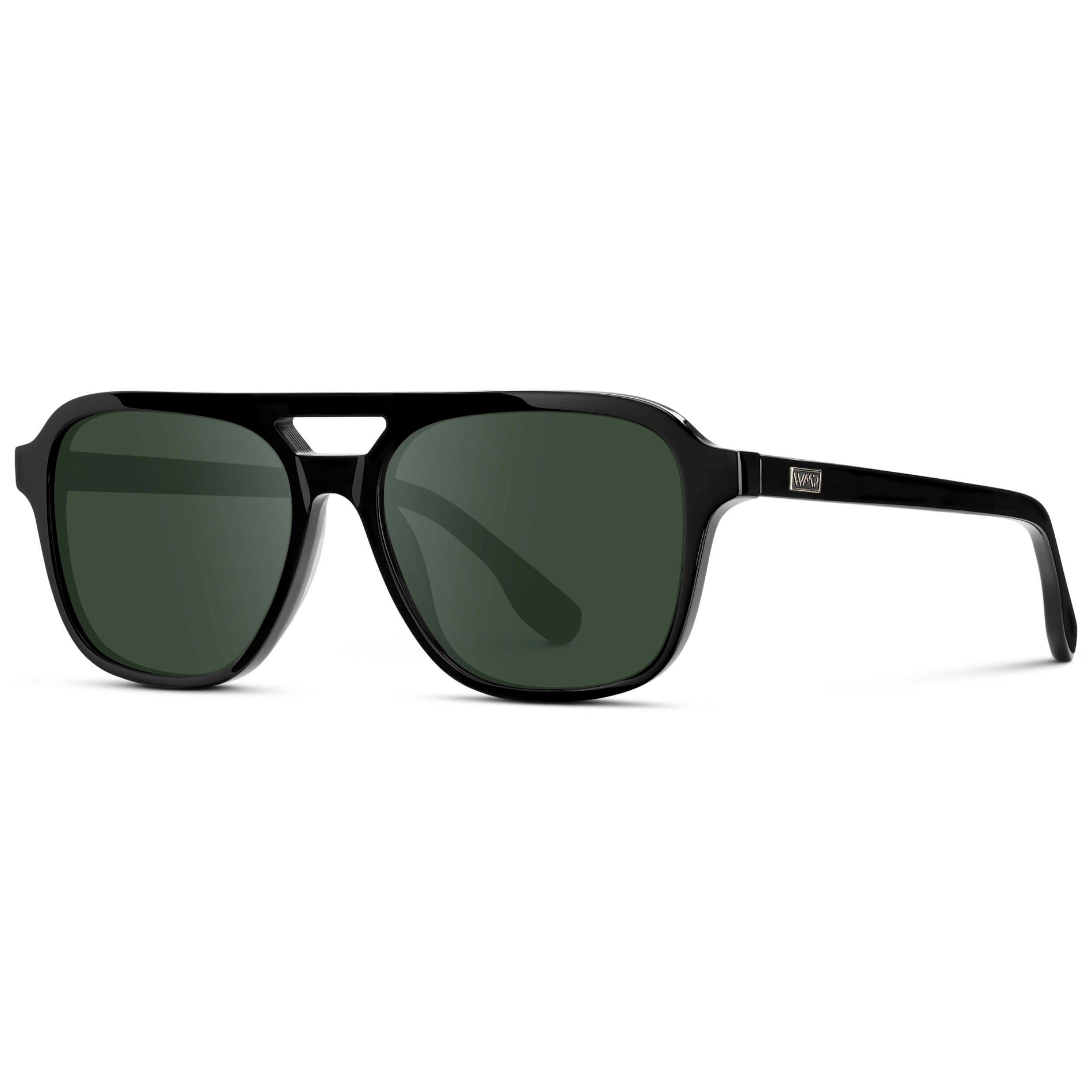 Black / G15 || Men's Double Bridge Aviator Prescription Sunglasses with Black Acetate Frame and Green Prescription Lens