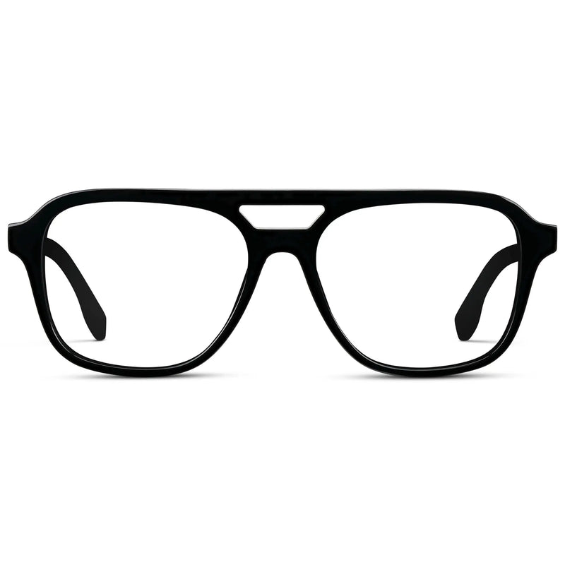 Black || Men's Double Bridge Aviator Prescription Eyeglasses with Black Acetate Frame and Clear Lens on a white background