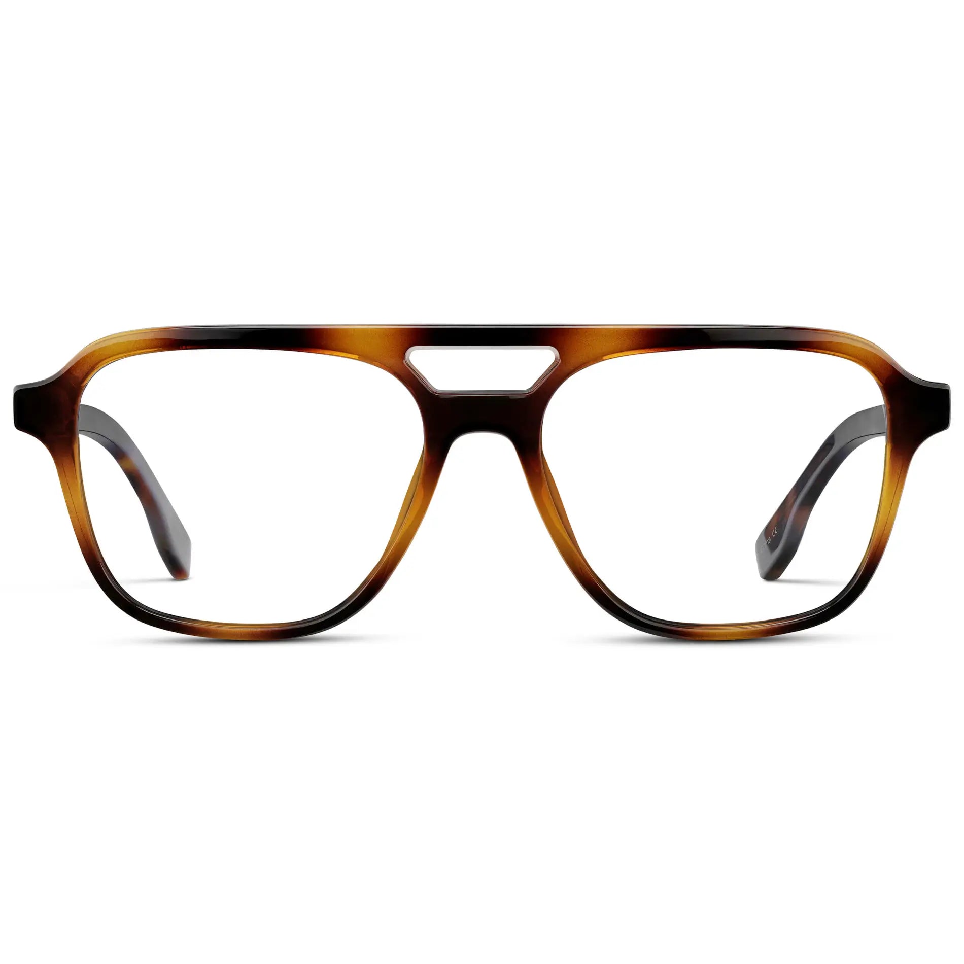 Whiskey Brown Tortoise || Men's Double Bridge Aviator Prescription Eyeglasses with Whiskey Brown Tortoise Acetate Frame and Clear Lens on a white background
