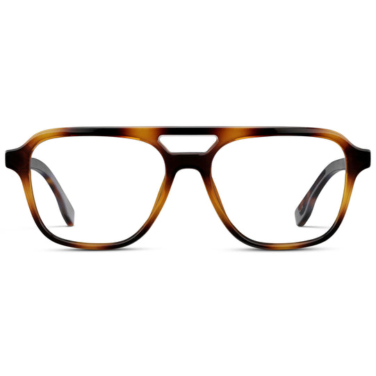 Whiskey Brown Tortoise || Men's Double Bridge Aviator Eyeglasses with Whiskey Brown Tortoise Acetate Frame and Clear Prescription Lens