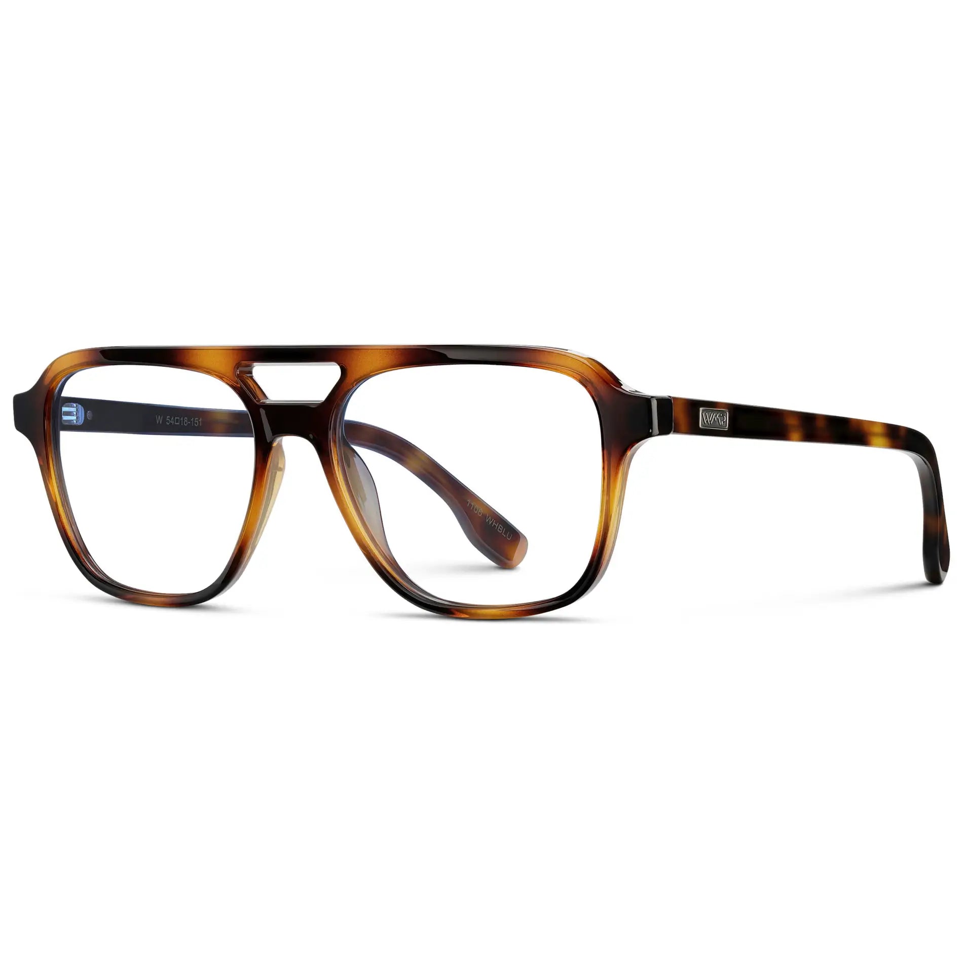 Whiskey Brown Tortoise || Side view of Men's Double Bridge Aviator Prescription Eyeglasses with Whiskey Brown Tortoise Acetate Frame and Clear Lens on a white background