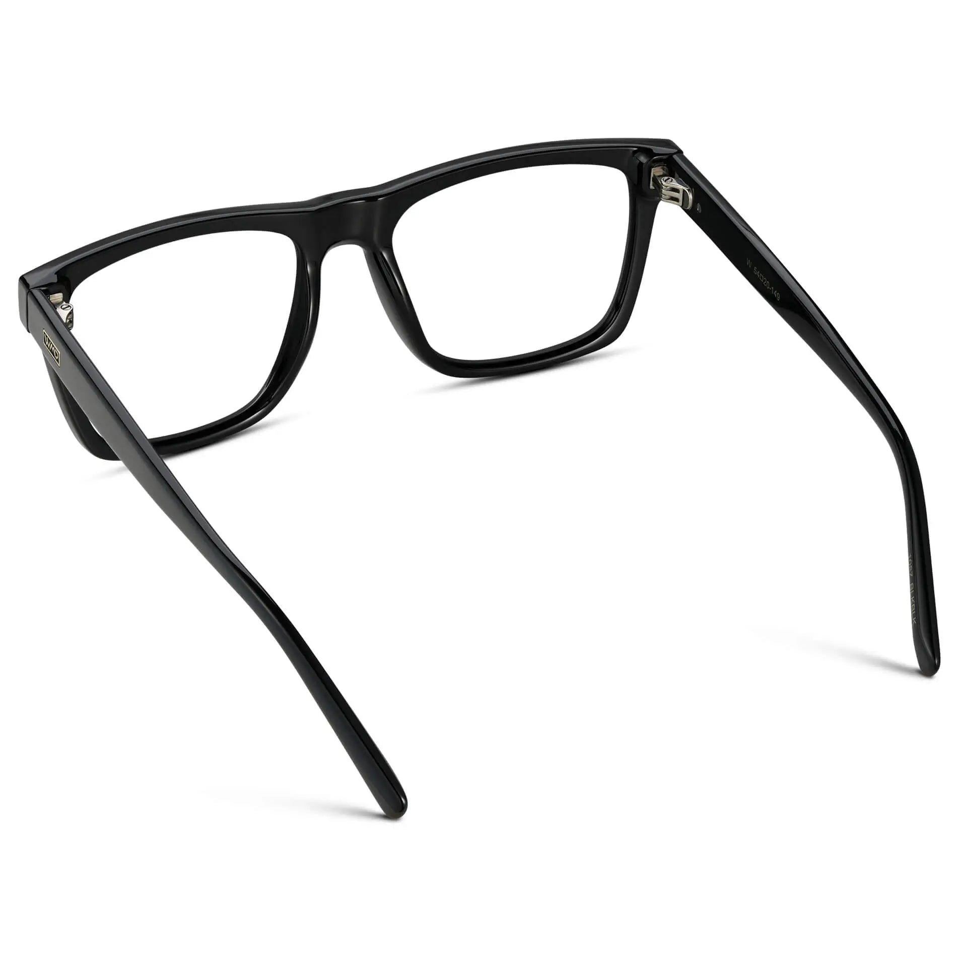 Black || Back view of Men's Square Eyeglasses with Black Frame and Clear Prescription Lenses on a white background