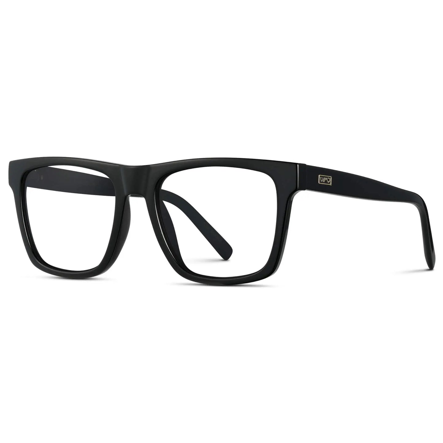 Black || Side view of Men's Square Eyeglasses with Black Frame and Clear Prescription Lenses on a white background