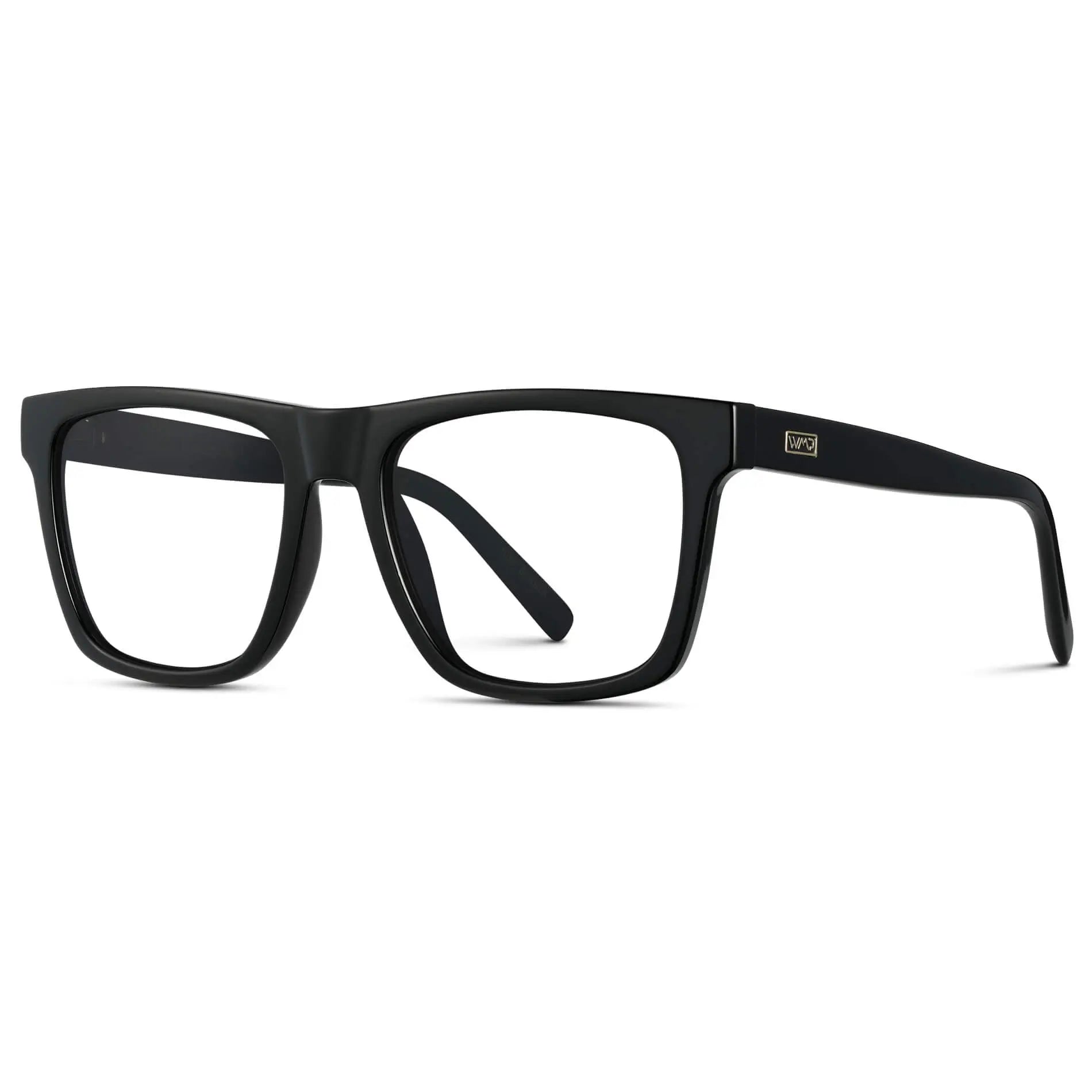 Black || Side view of Men's Square Eyeglasses with Black Frame and Clear Prescription Lenses on a white background