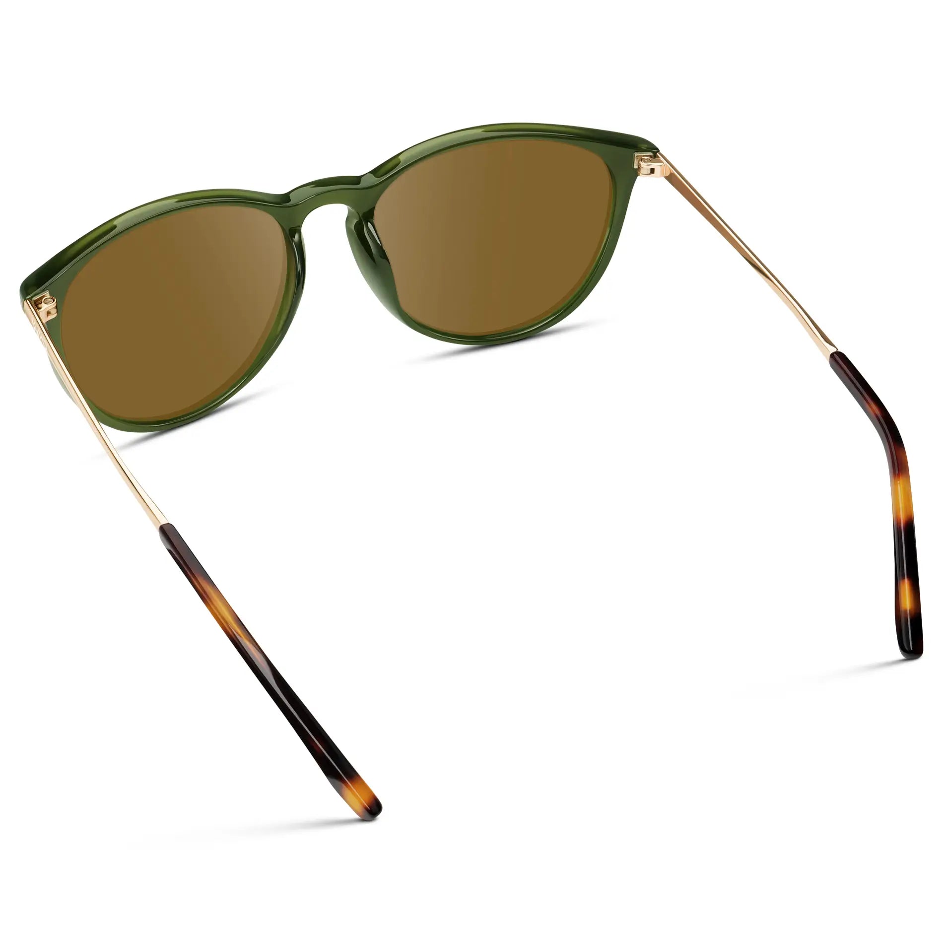 Olive Green / Amber || Women's Round Prescription Sunglasses with Olive Green Acetate Frame, Gold Stainless Steel Temples and Amber Prescription Lens