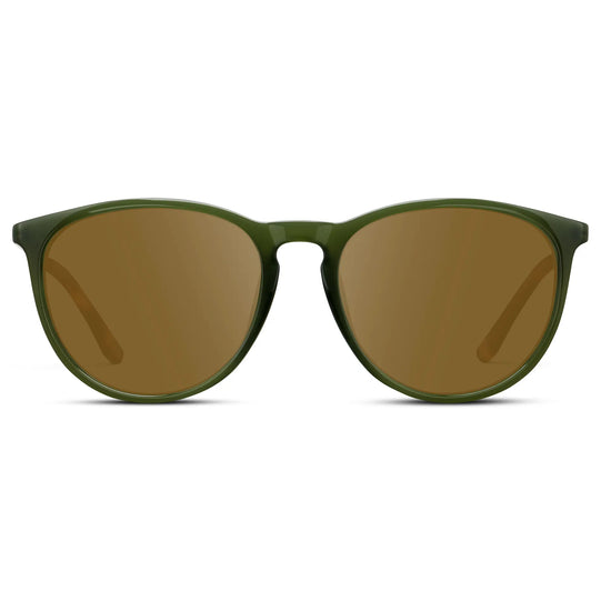 Olive Green / Amber || Women's Round Prescription Sunglasses with Olive Green Acetate Frame, Gold Stainless Steel Temples and Amber Prescription Lens
