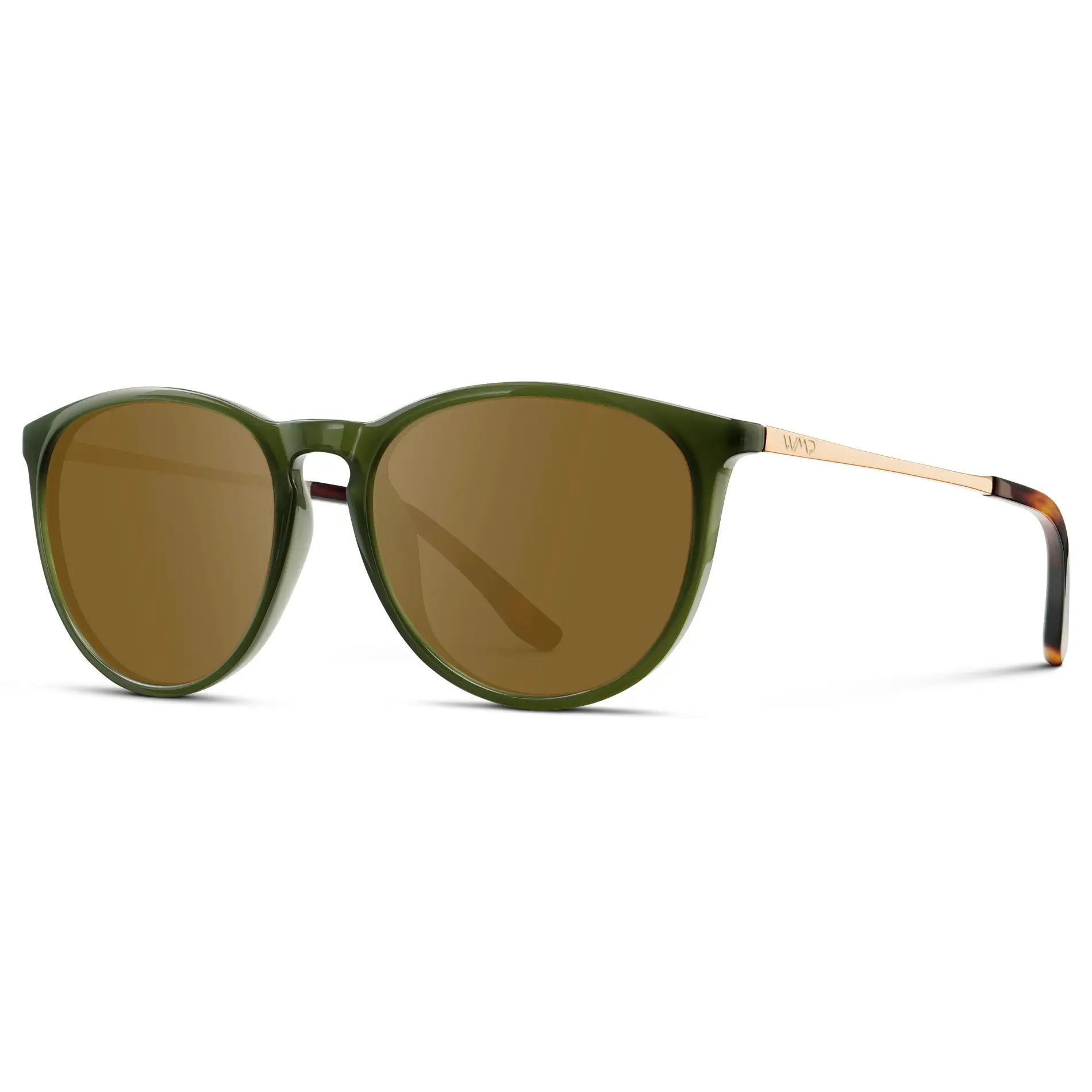 Olive Green / Amber || Women's Round Prescription Sunglasses with Olive Green Acetate Frame, Gold Stainless Steel Temples and Amber Prescription Lens