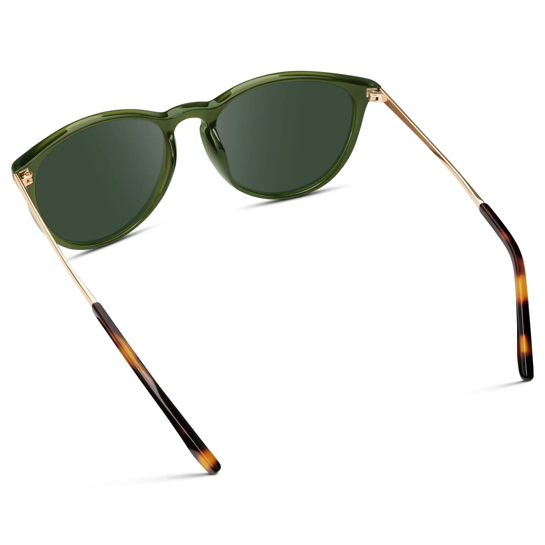 Olive Green / G15 || Women's Round Prescription Sunglasses with Olive Green Acetate Frame, Gold Stainless Steel Temples and Green Prescription Lens
