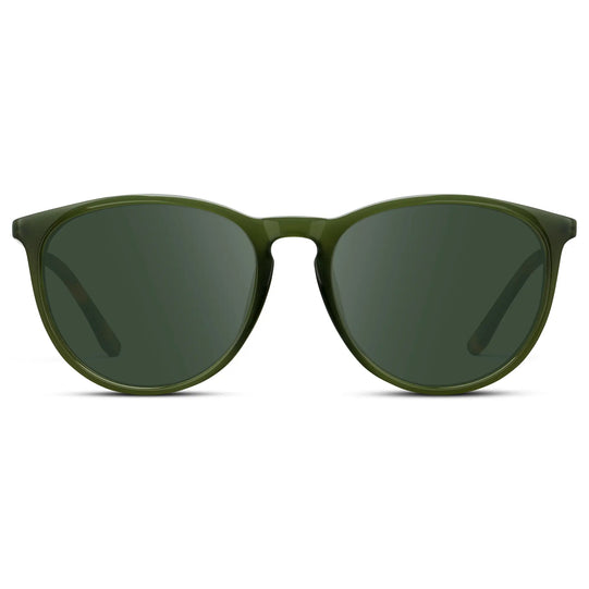 Olive Green / G15 || Women's Round Prescription Sunglasses with Olive Green Acetate Frame, Gold Stainless Steel Temples and Green Prescription Lens
