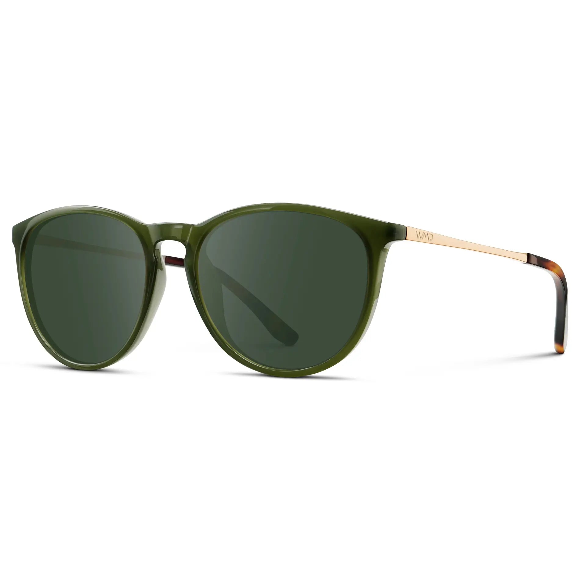 Olive Green / G15 || Women's Round Prescription Sunglasses with Olive Green Acetate Frame, Gold Stainless Steel Temples and Green Prescription Lens