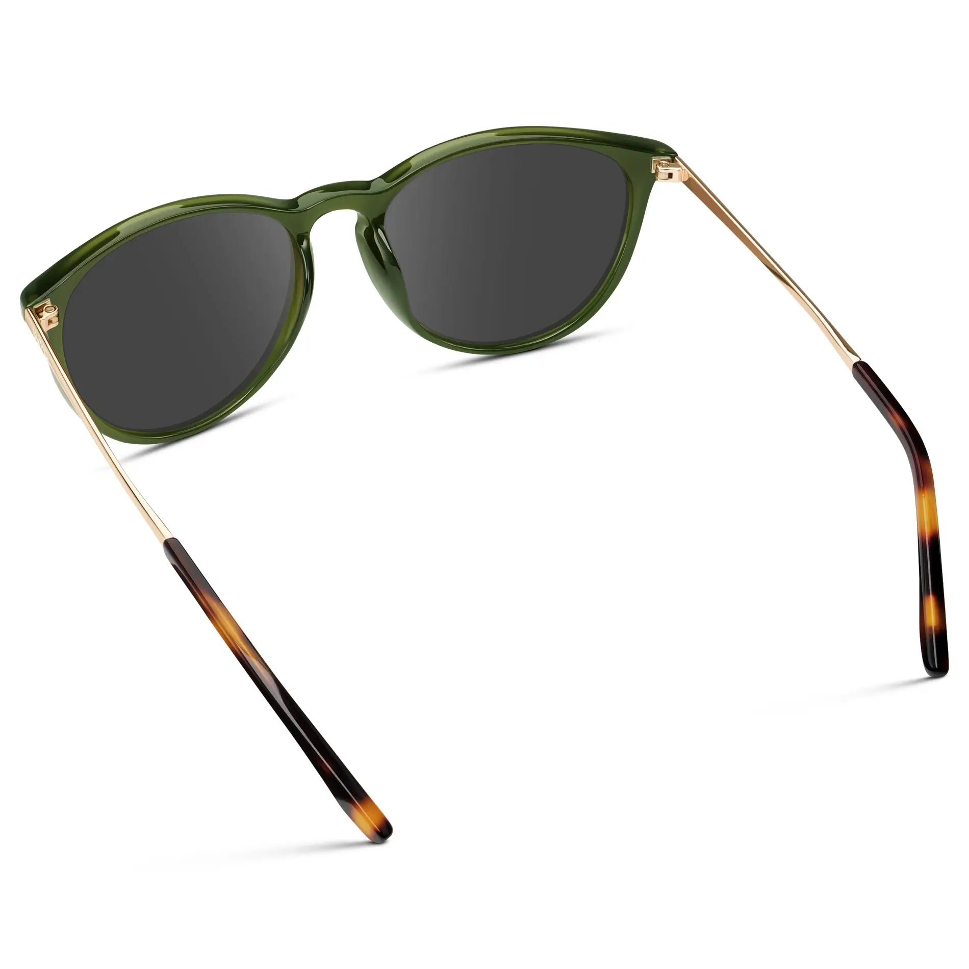 Olive Green / Grey || Women's Round Prescription Sunglasses with Olive Green Acetate Frame, Gold Stainless Steel Temples and Grey Prescription Lens