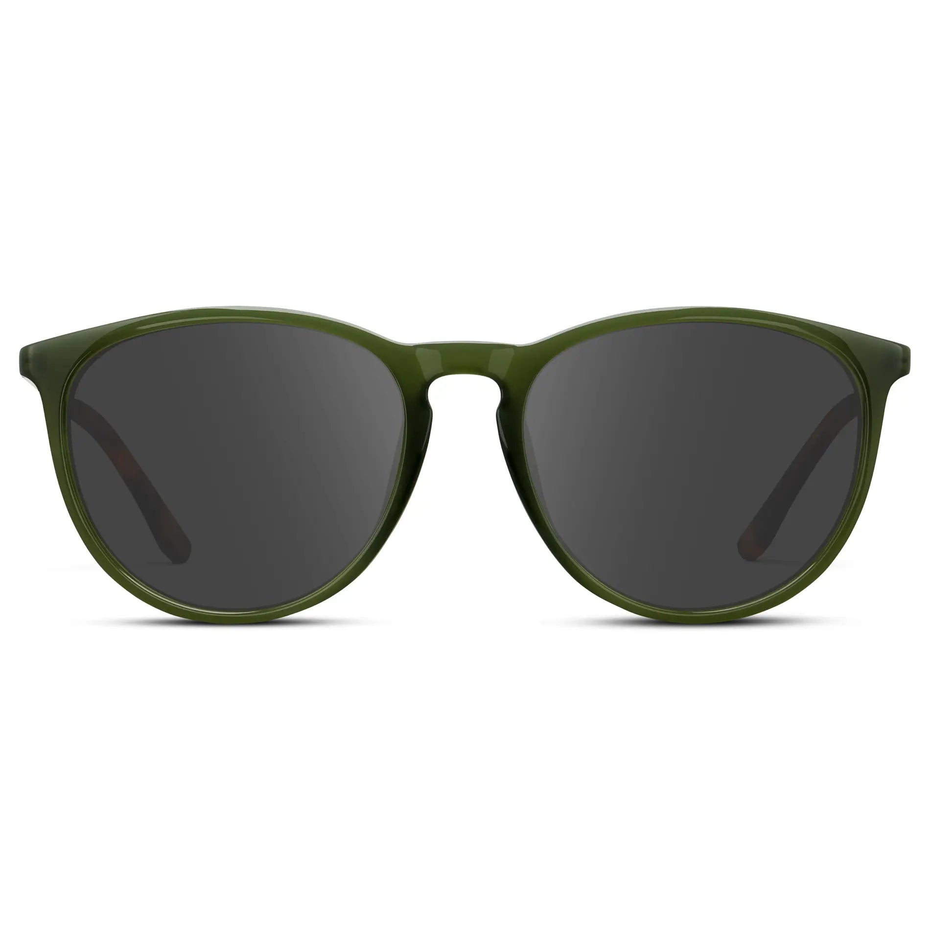 Olive Green / Grey || Women's Round Prescription Sunglasses with Olive Green Acetate Frame, Gold Stainless Steel Temples and Grey Prescription Lens