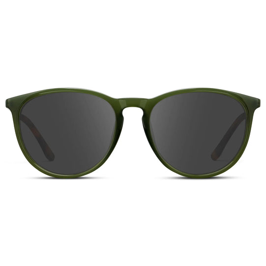 Olive Green / Grey || Women's Round Prescription Sunglasses with Olive Green Acetate Frame, Gold Stainless Steel Temples and Grey Prescription Lens
