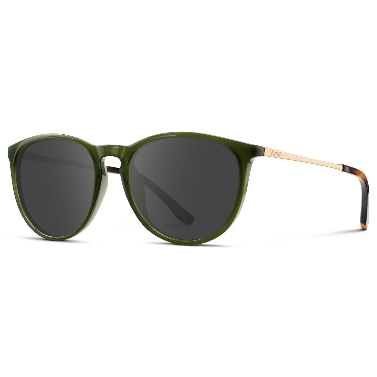 Olive Green / Grey || Women's Round Prescription Sunglasses with Olive Green Acetate Frame, Gold Stainless Steel Temples and Grey Prescription Lens