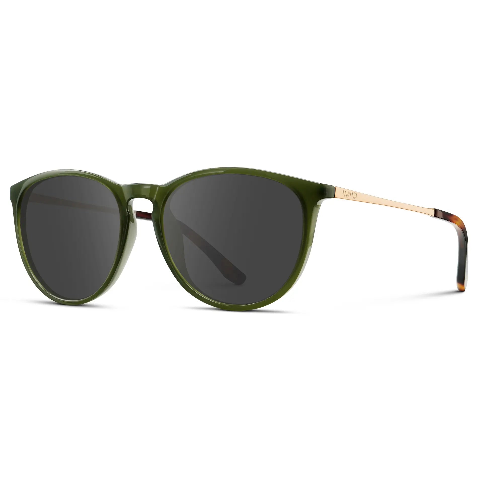 Olive Green / Grey || Women's Round Prescription Sunglasses with Olive Green Acetate Frame, Gold Stainless Steel Temples and Grey Prescription Lens