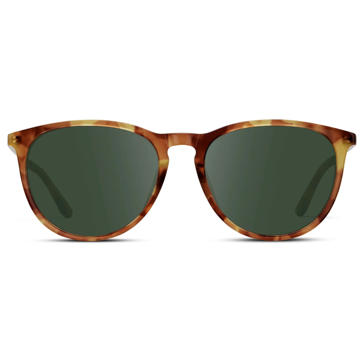 Maple Tortoise / G15 || Women's Round Prescription Sunglasses with Maple Tortoise Acetate Frame, Gold Stainless Steel Temples and Green Prescription Lens