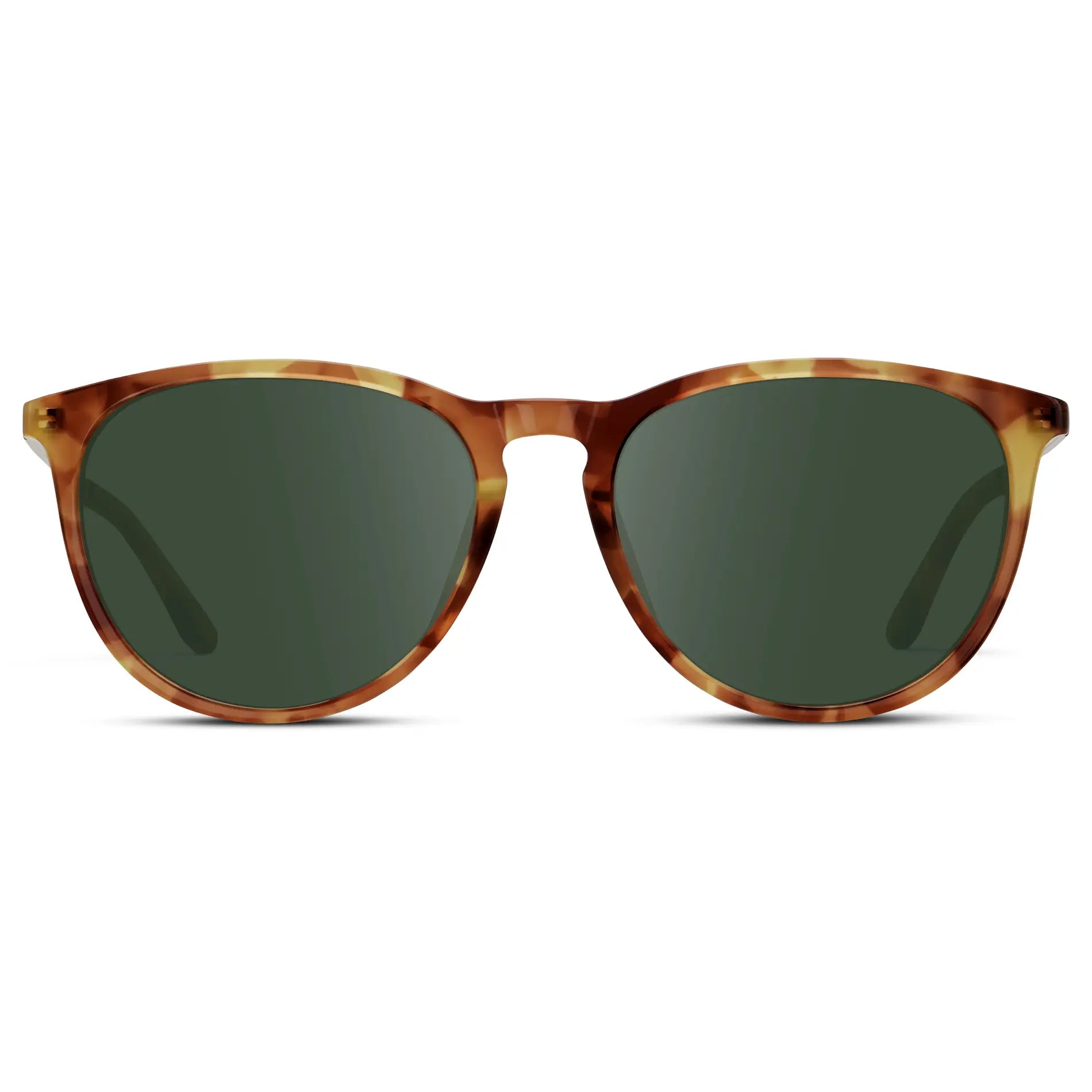 Maple Tortoise / G15 || Women's Round Prescription Sunglasses with Maple Tortoise Acetate Frame, Gold Stainless Steel Temples and Green Prescription Lens