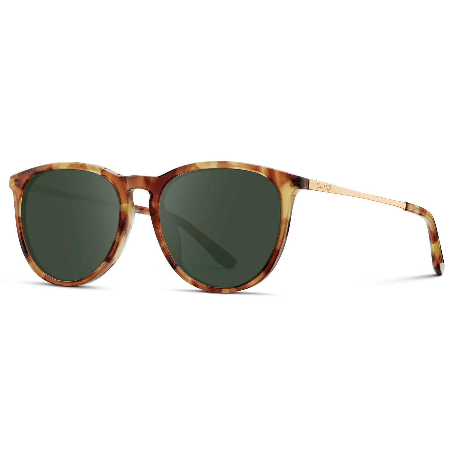 Maple Tortoise / G15 || Women's Round Prescription Sunglasses with Maple Tortoise Acetate Frame, Gold Stainless Steel Temples and Green Prescription Lens