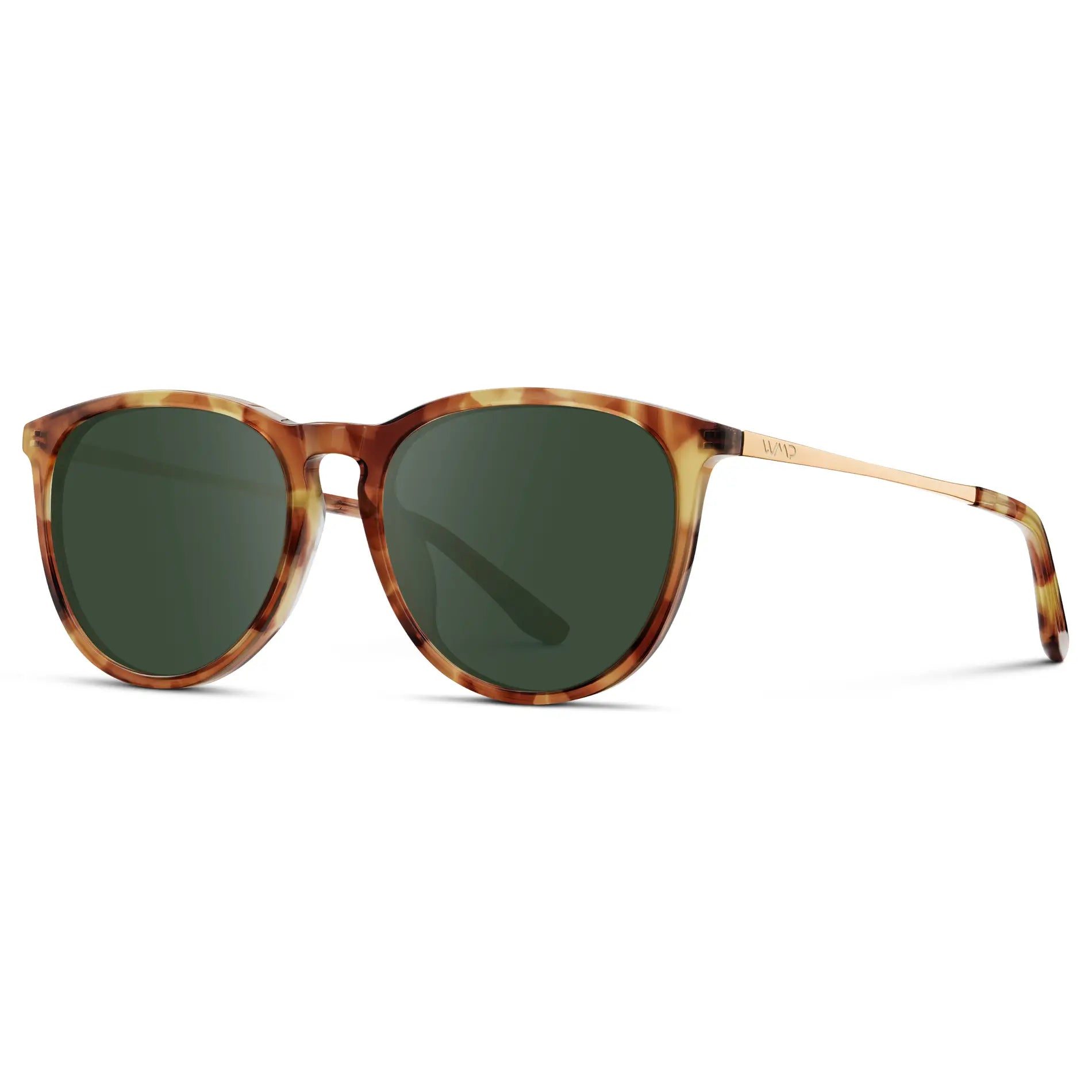 Maple Tortoise / G15 || Women's Round Prescription Sunglasses with Maple Tortoise Acetate Frame, Gold Stainless Steel Temples and Green Prescription Lens