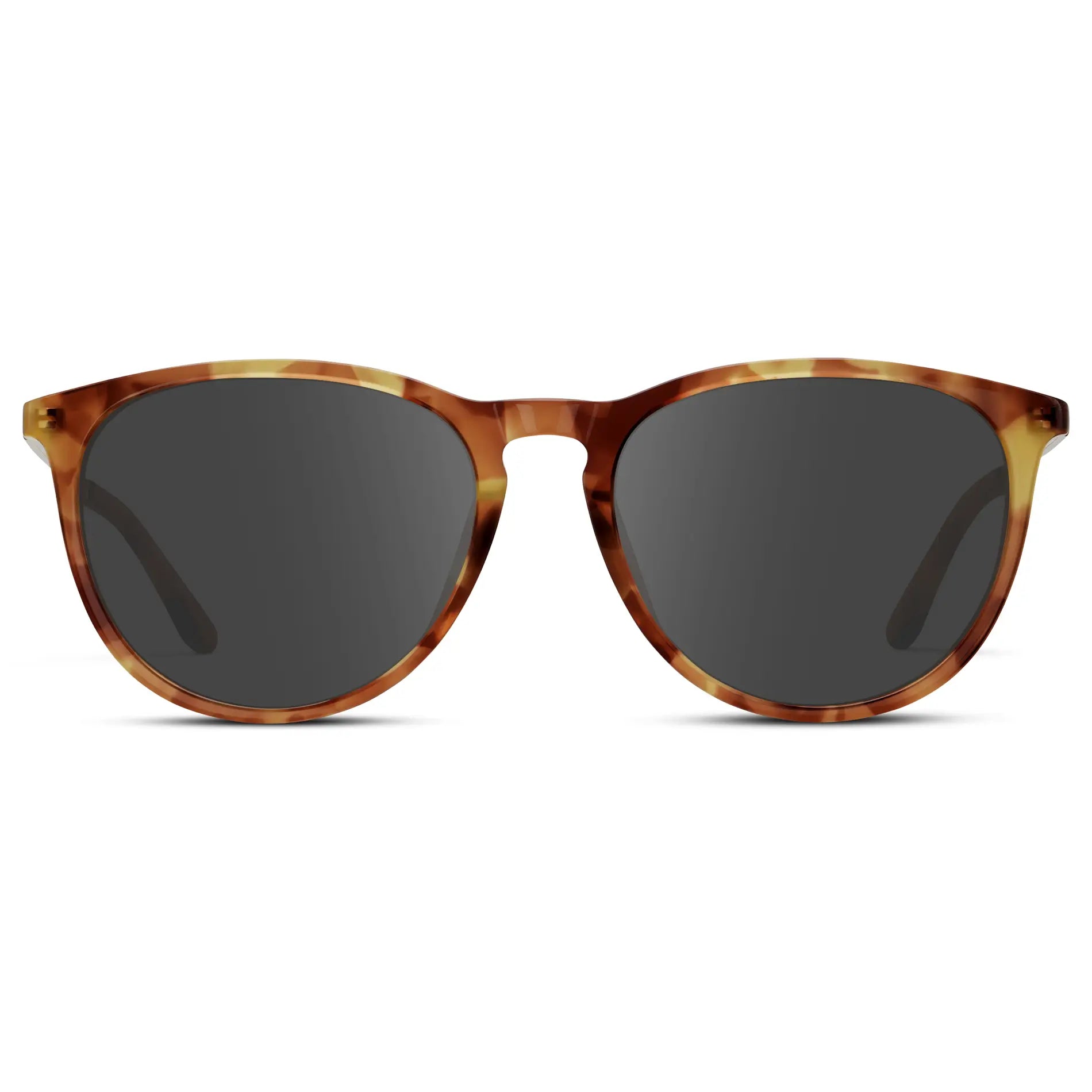 Maple Tortoise / Grey || Women's Round Prescription Sunglasses with Maple Tortoise Acetate Frame, Gold Stainless Steel Temples and Grey Prescription Lens