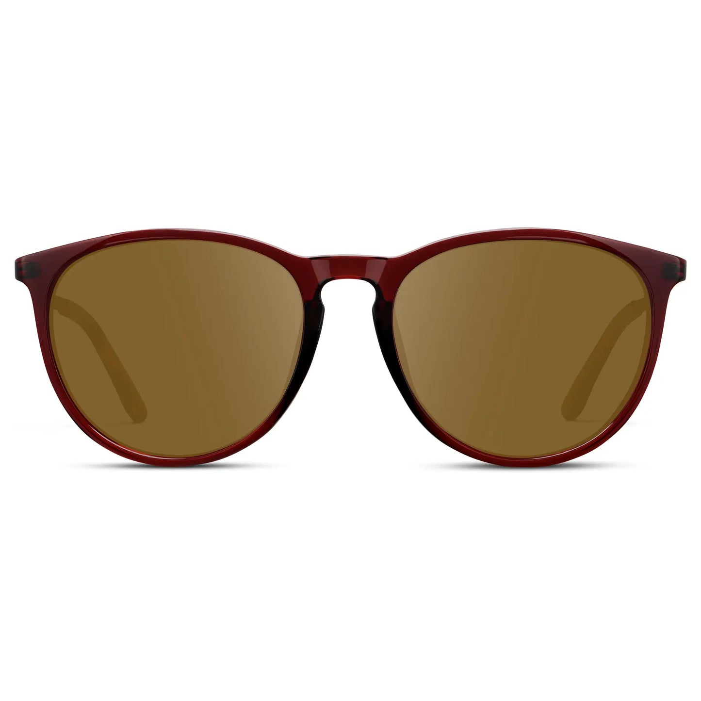 Crystal Cherry Red / Amber || Women's Round Prescription Sunglasses with Crystal Cherry Red Acetate Frame, Gold Stainless Steel Temples and Amber Prescription Lens