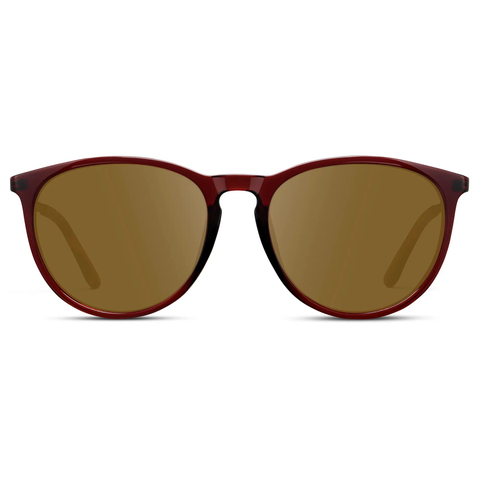 Crystal Cherry Red / Amber || Women's Round Prescription Sunglasses with Crystal Cherry Red Acetate Frame, Gold Stainless Steel Temples and Amber Prescription Lens