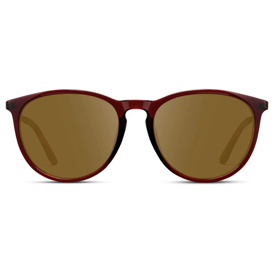 Crystal Cherry Red / Amber || Women's Round Prescription Sunglasses with Crystal Cherry Red Acetate Frame, Gold Stainless Steel Temples and Amber Prescription Lens