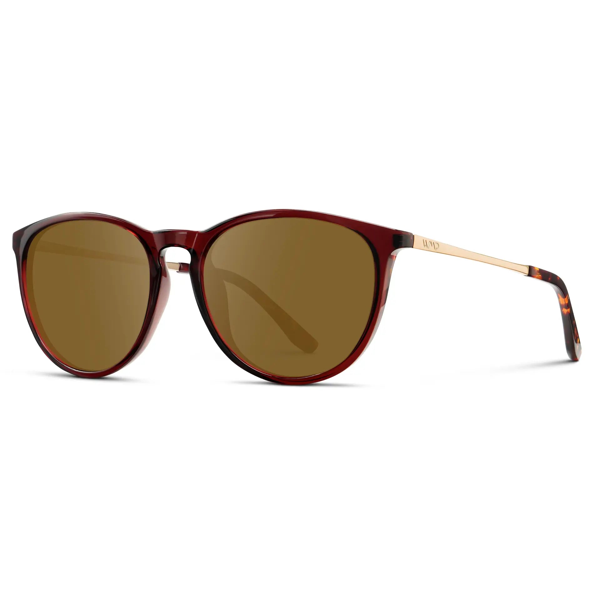 Crystal Cherry Red / Amber || Women's Round Prescription Sunglasses with Crystal Cherry Red Acetate Frame, Gold Stainless Steel Temples and Amber Prescription Lens