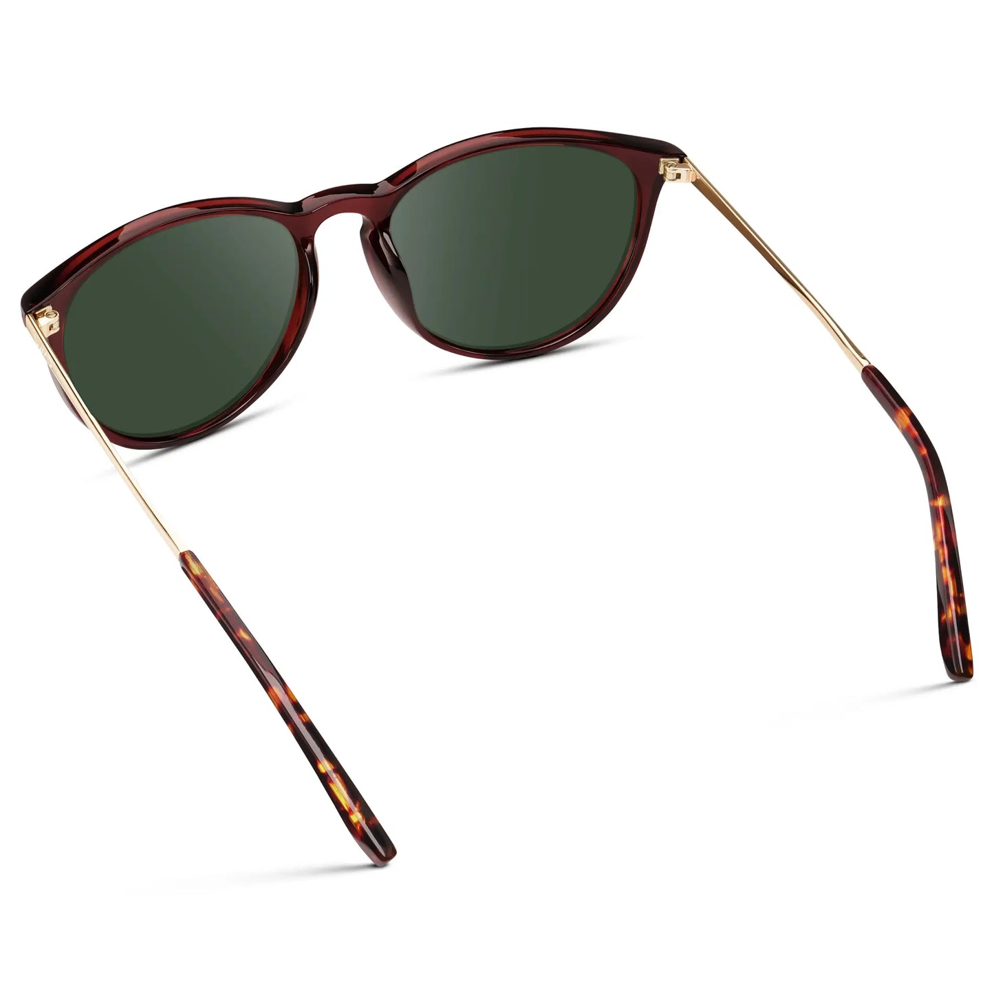 Crystal Cherry Red / G15 || Women's Round Prescription Sunglasses with Crystal Cherry Red Acetate Frame, Gold Stainless Steel Temples and Green Prescription Lens