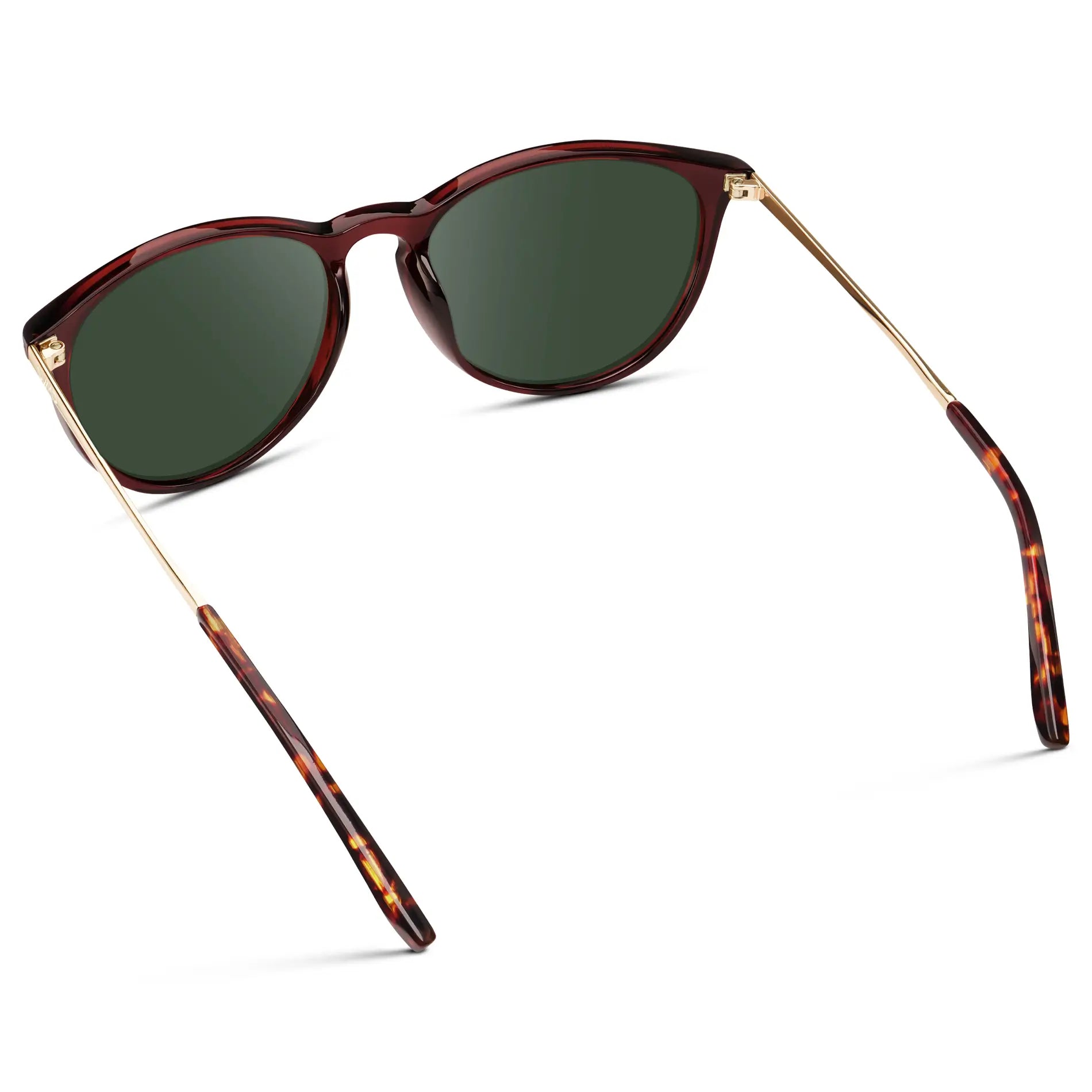 Crystal Cherry Red / G15 || Women's Round Prescription Sunglasses with Crystal Cherry Red Acetate Frame, Gold Stainless Steel Temples and Green Prescription Lens