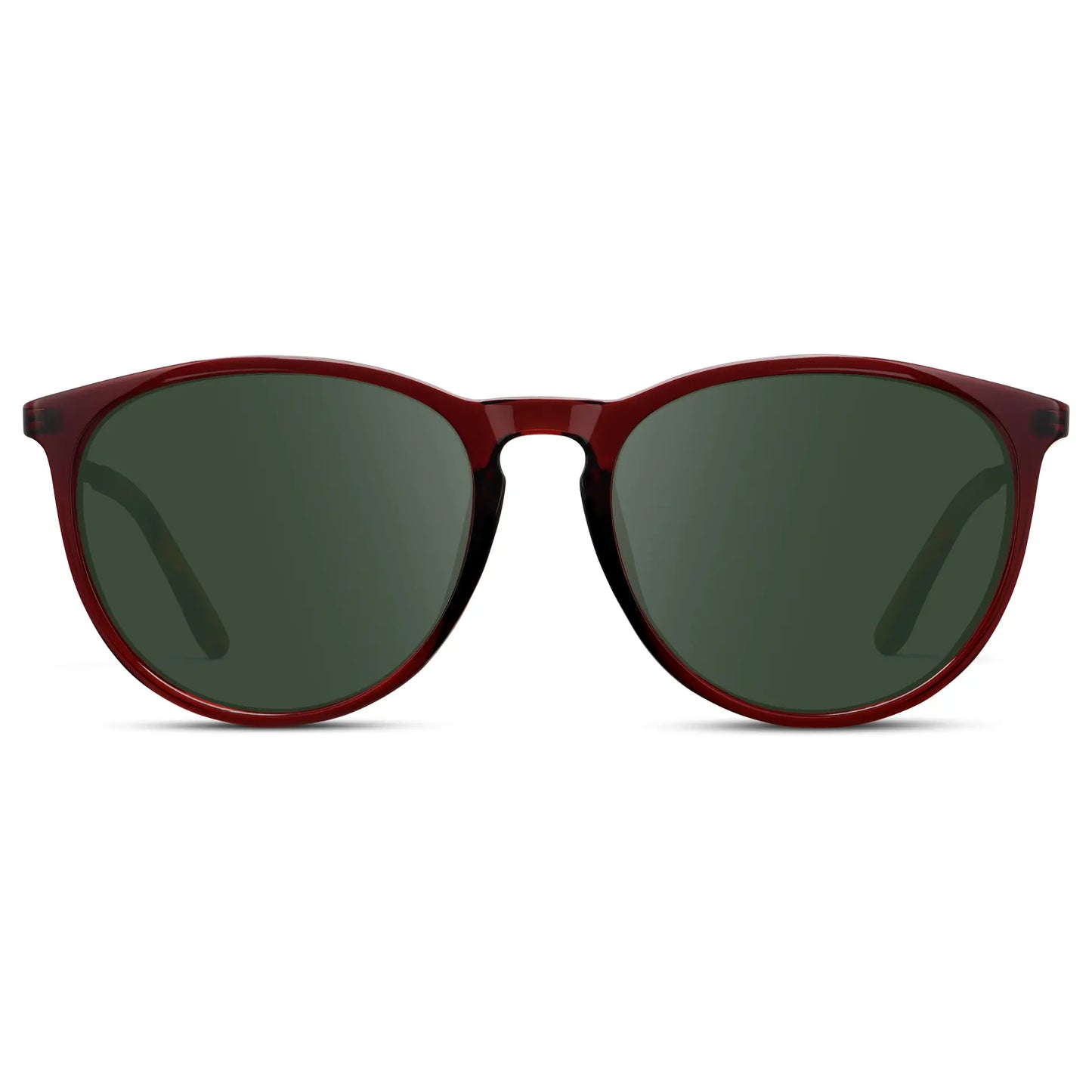Crystal Cherry Red / G15 || Women's Round Prescription Sunglasses with Crystal Cherry Red Acetate Frame, Gold Stainless Steel Temples and Green Prescription Lens