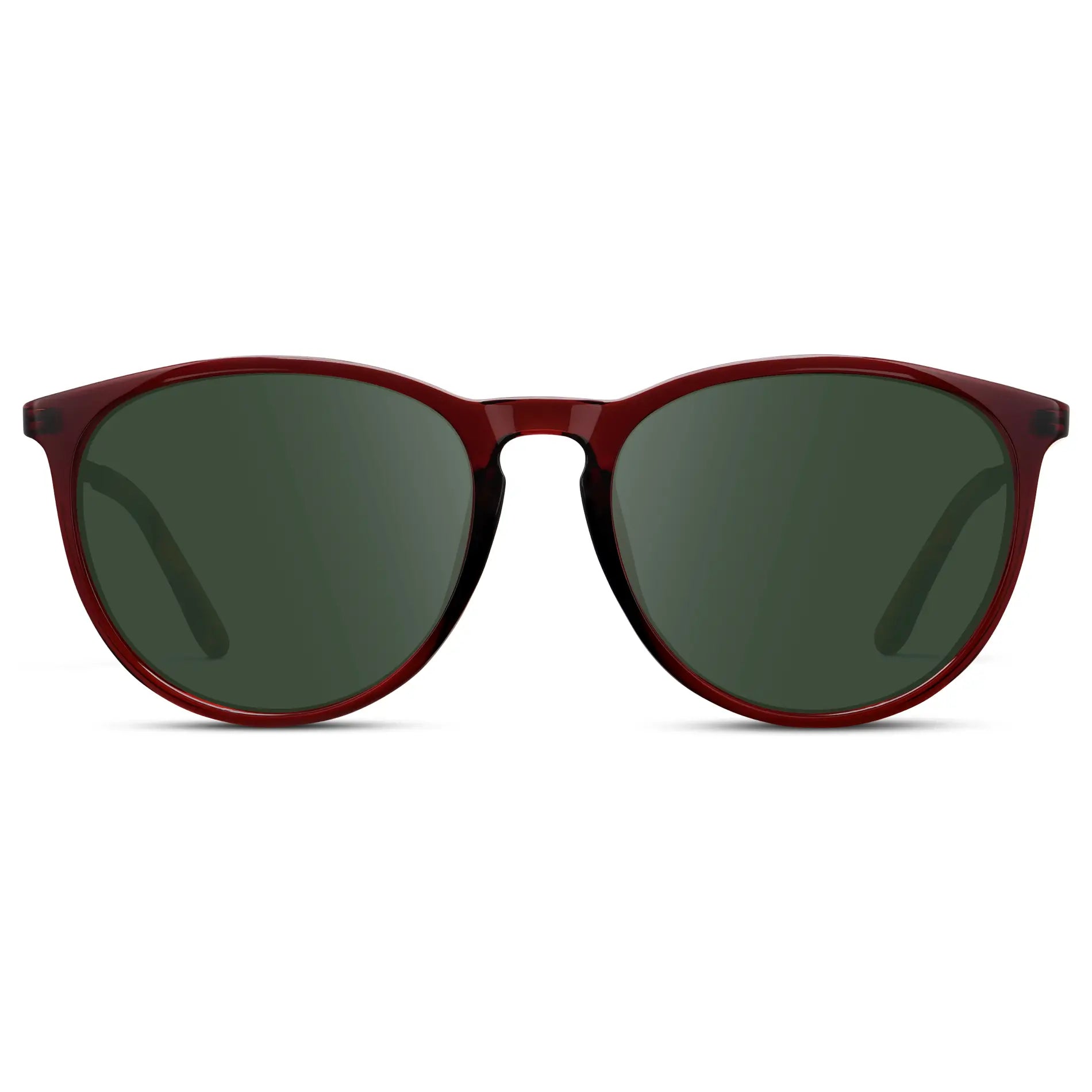 Crystal Cherry Red / G15 || Women's Round Prescription Sunglasses with Crystal Cherry Red Acetate Frame, Gold Stainless Steel Temples and Green Prescription Lens