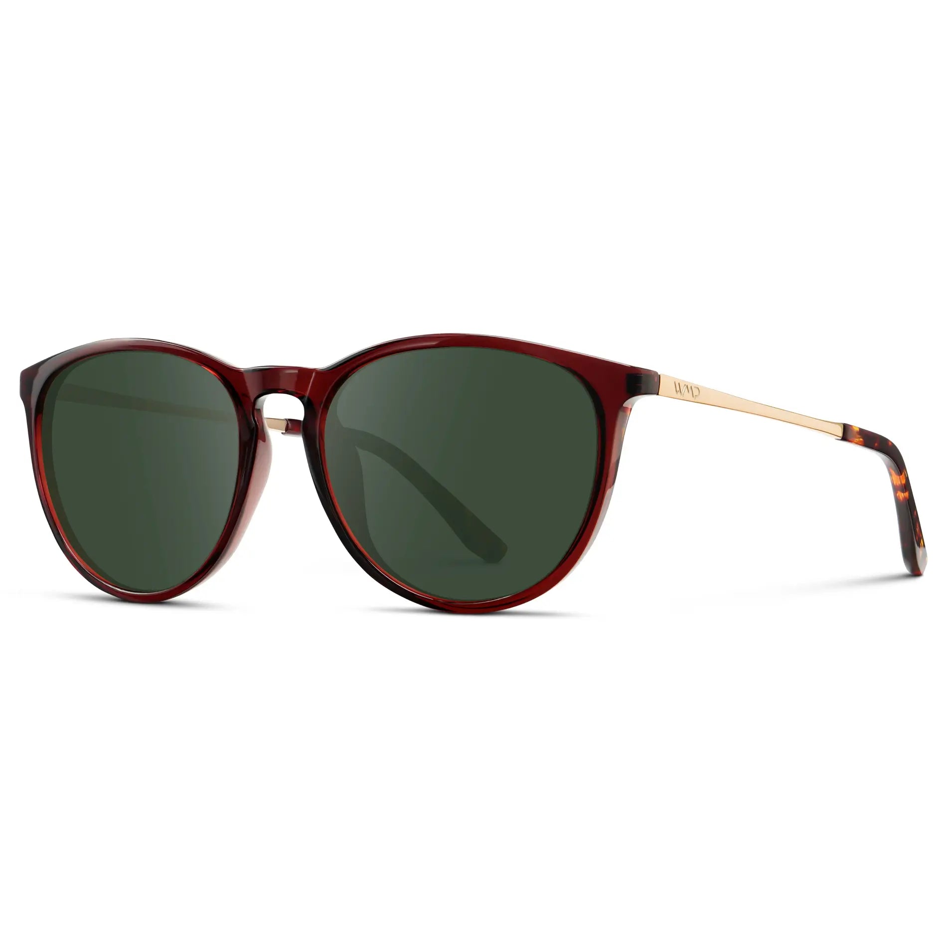 Crystal Cherry Red / G15 || Women's Round Prescription Sunglasses with Crystal Cherry Red Acetate Frame, Gold Stainless Steel Temples and Green Prescription Lens